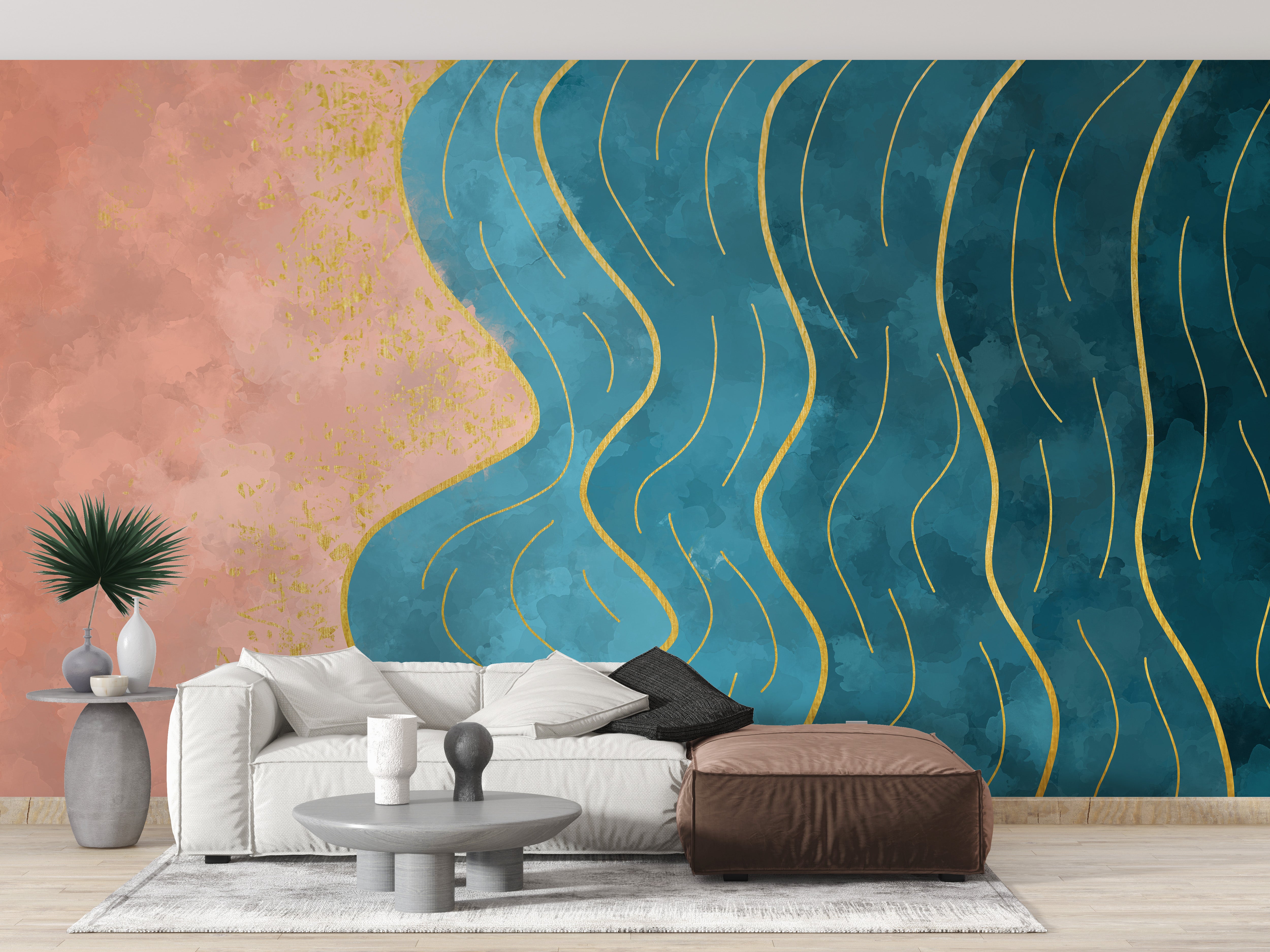 Abstract Wave with Gold Line Reusable Wallpaper