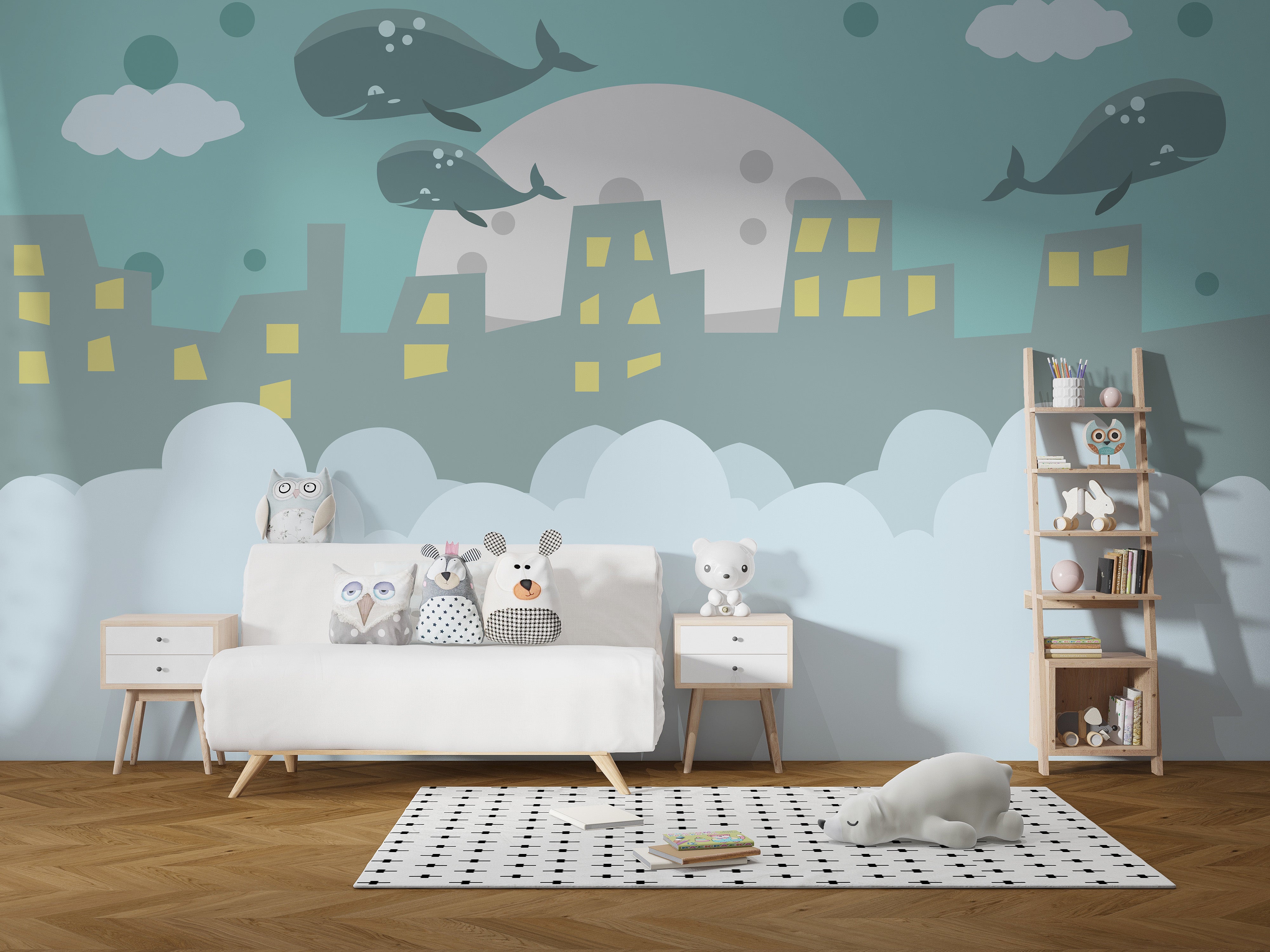 Flying Whale on City Wallpaper for Walls