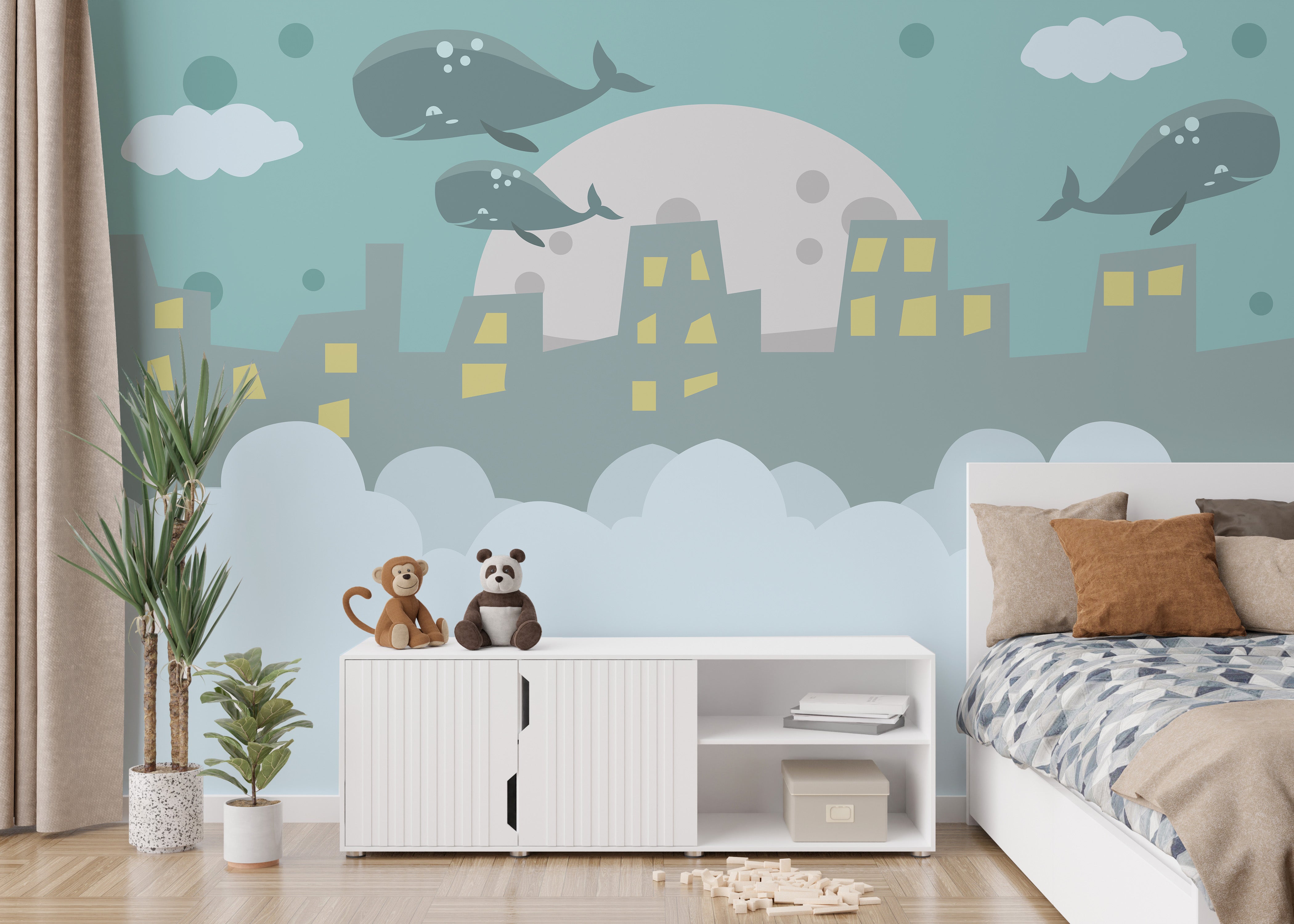 Flying Whale on City Wallpaper Mural