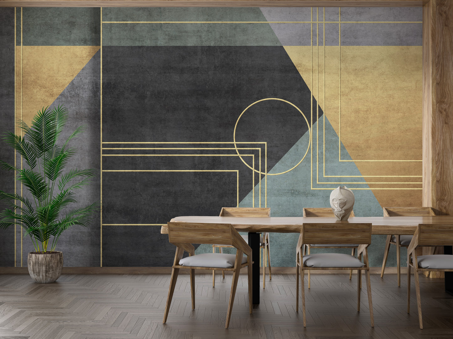 Stylish gold-accented geometric wallpaper for interiors