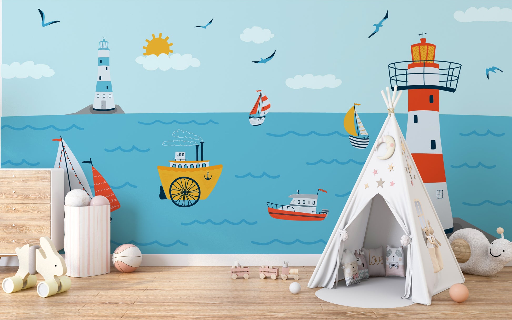 Nautical wallpaper with ocean, lighthouse, and boats