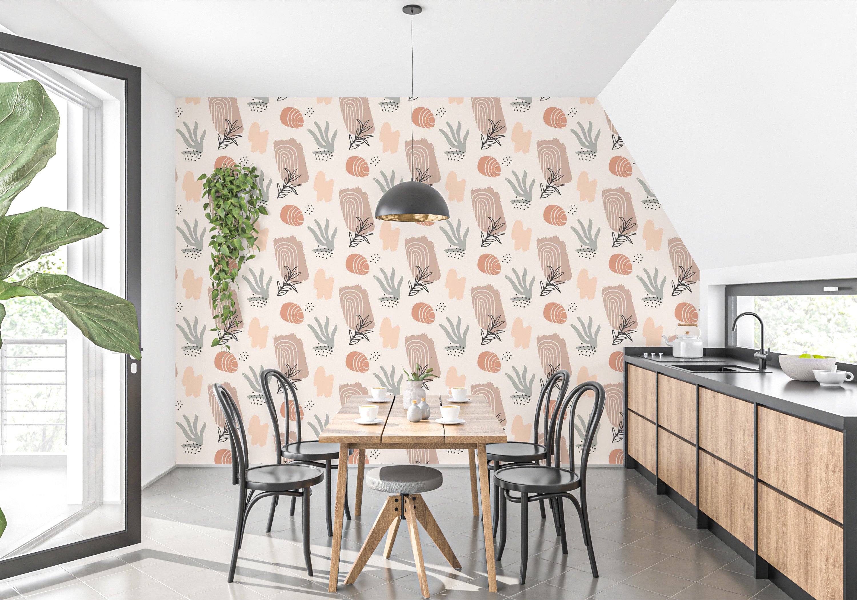 Boho-inspired abstract wallpaper with earthy tones and patterns.