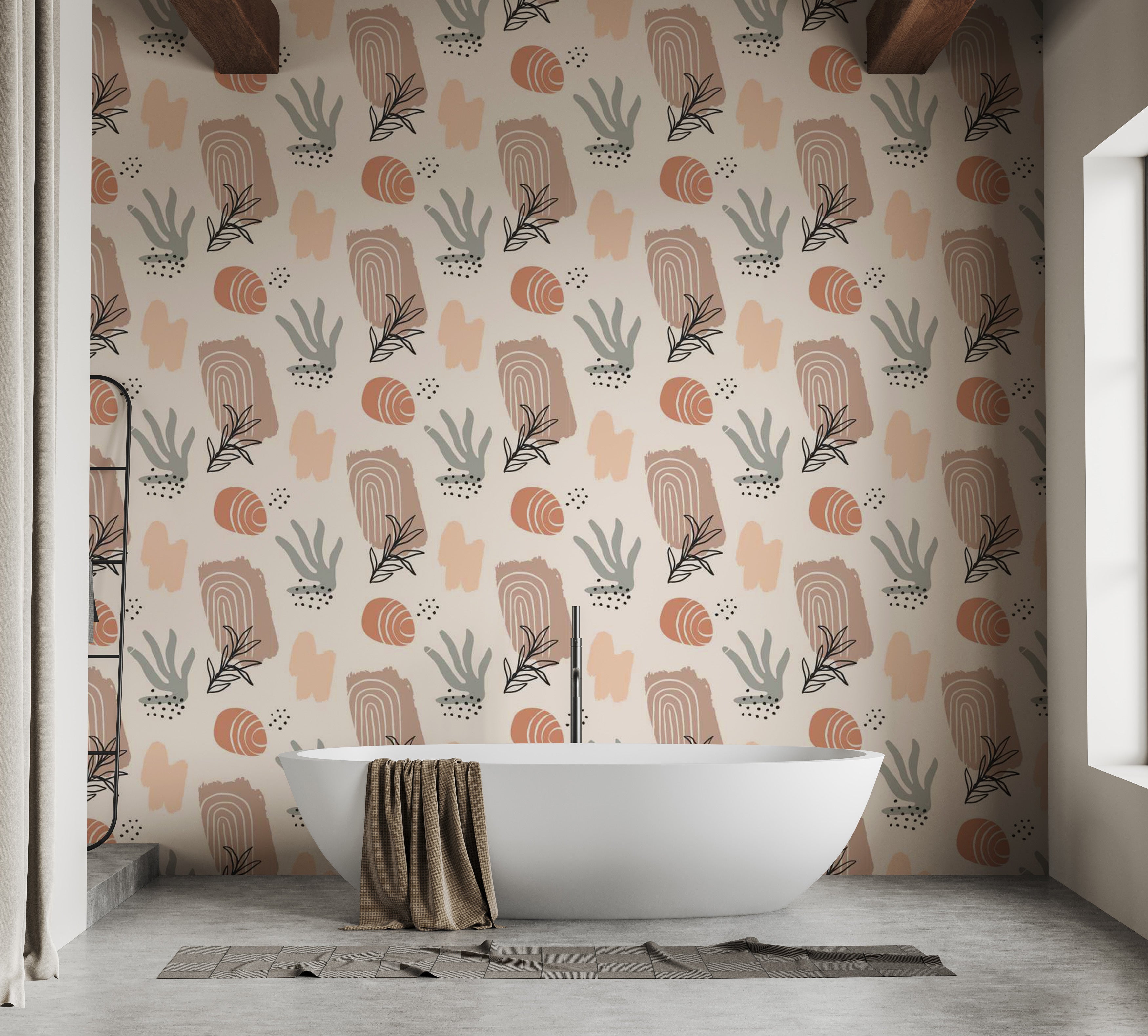 Boho chic wallpaper with watercolor and abstract nature designs.