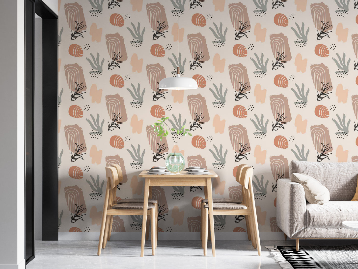 Neutral beige wallpaper with organic watercolor patterns.