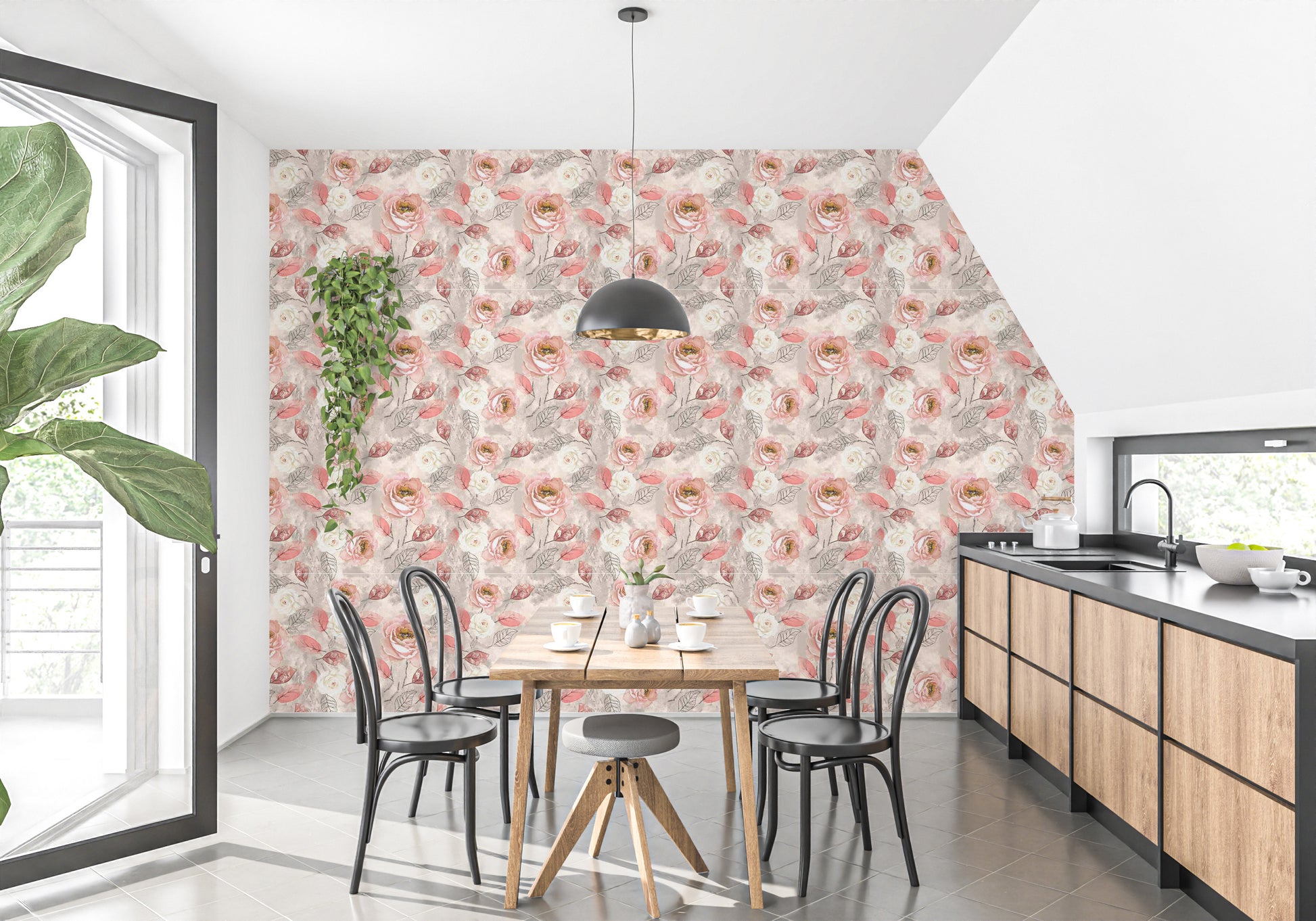 Vintage pink floral wallpaper mural with soft tones.