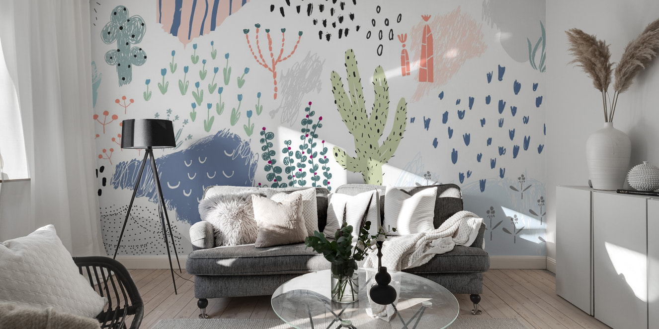 Abstract floral design wallpaper with hand-drawn patterns.