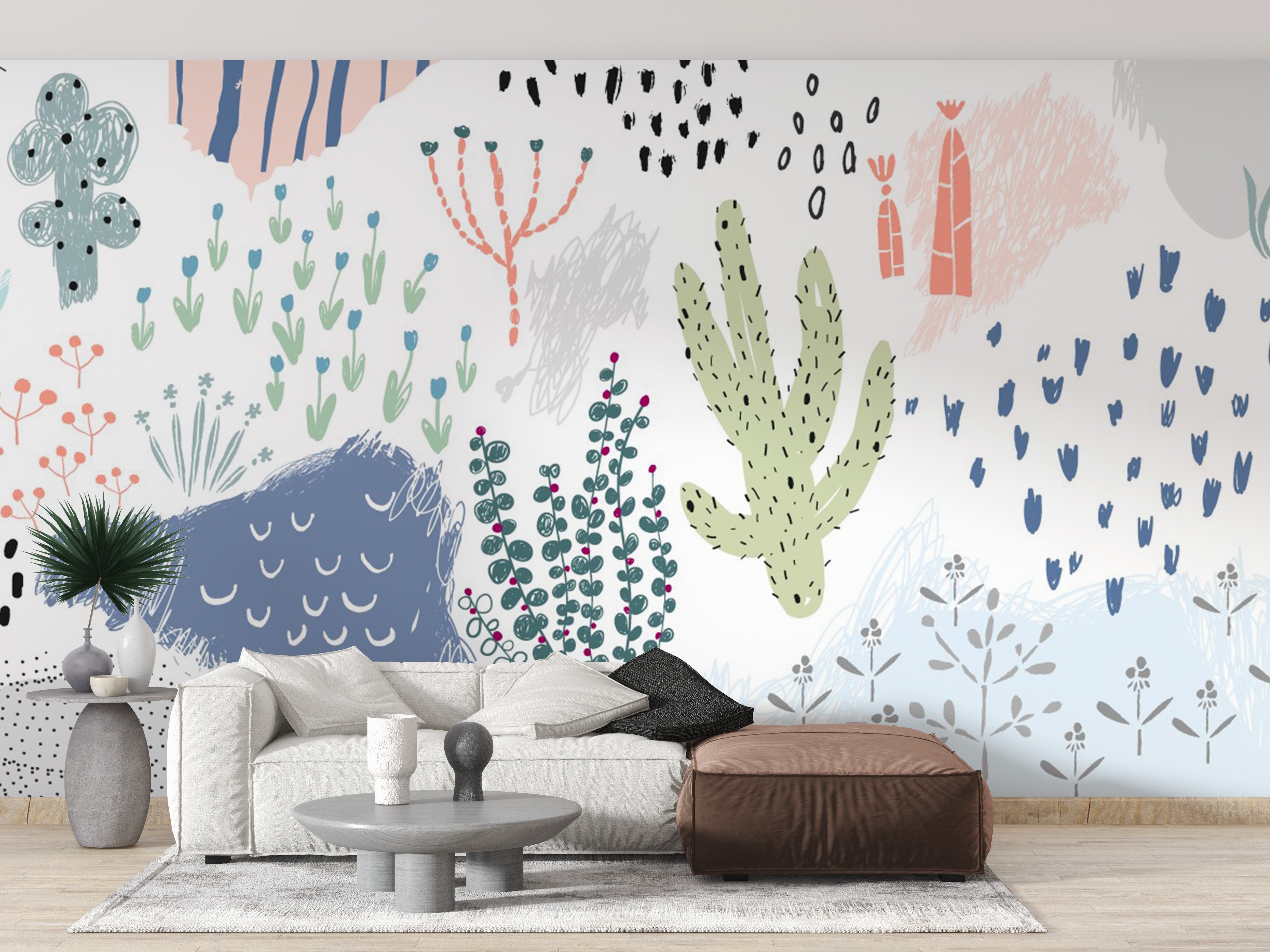 Minimalist hand-drawn floral wallpaper for home decor.