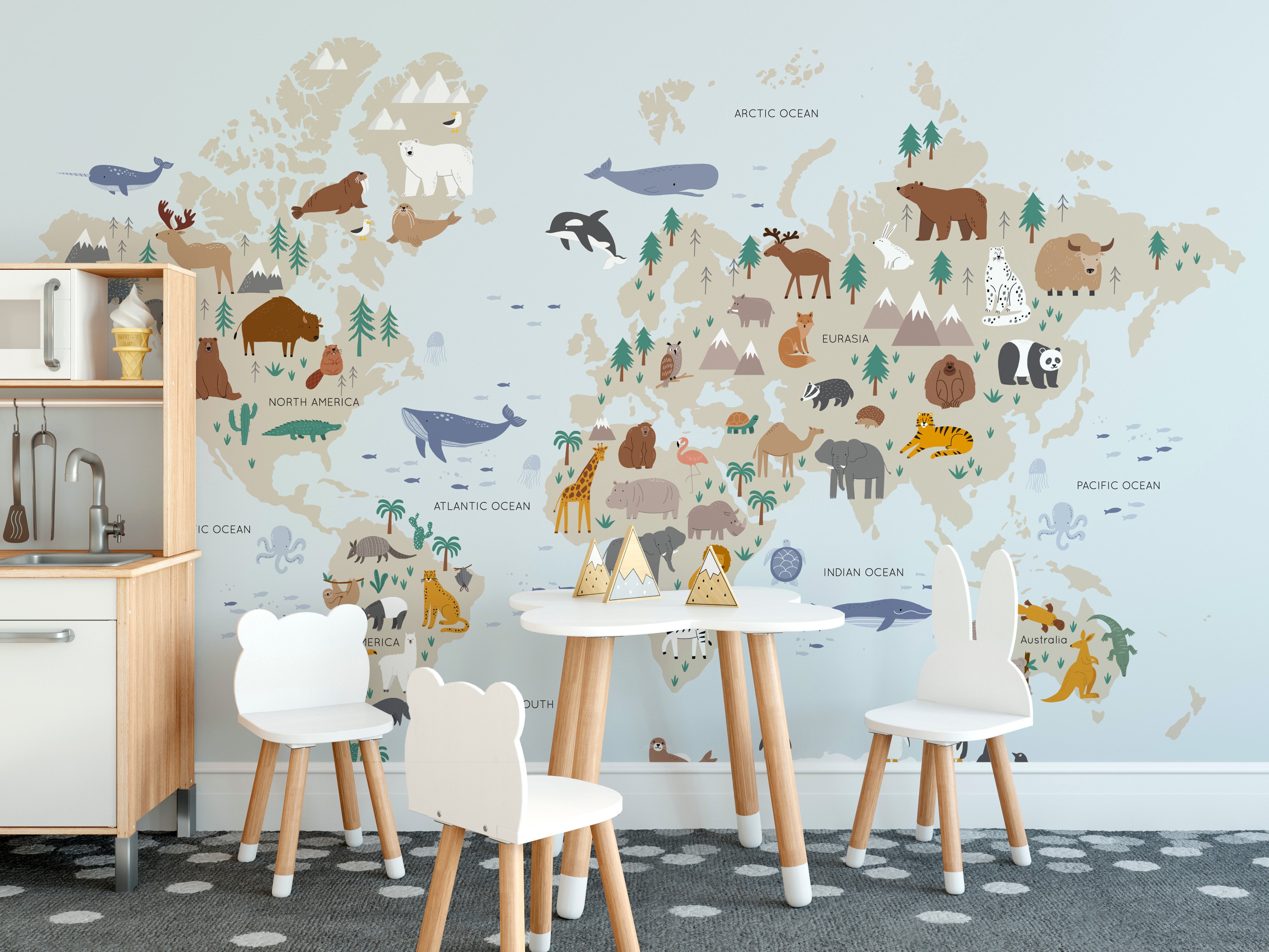 World map wallpaper with animals for kids’ rooms decor