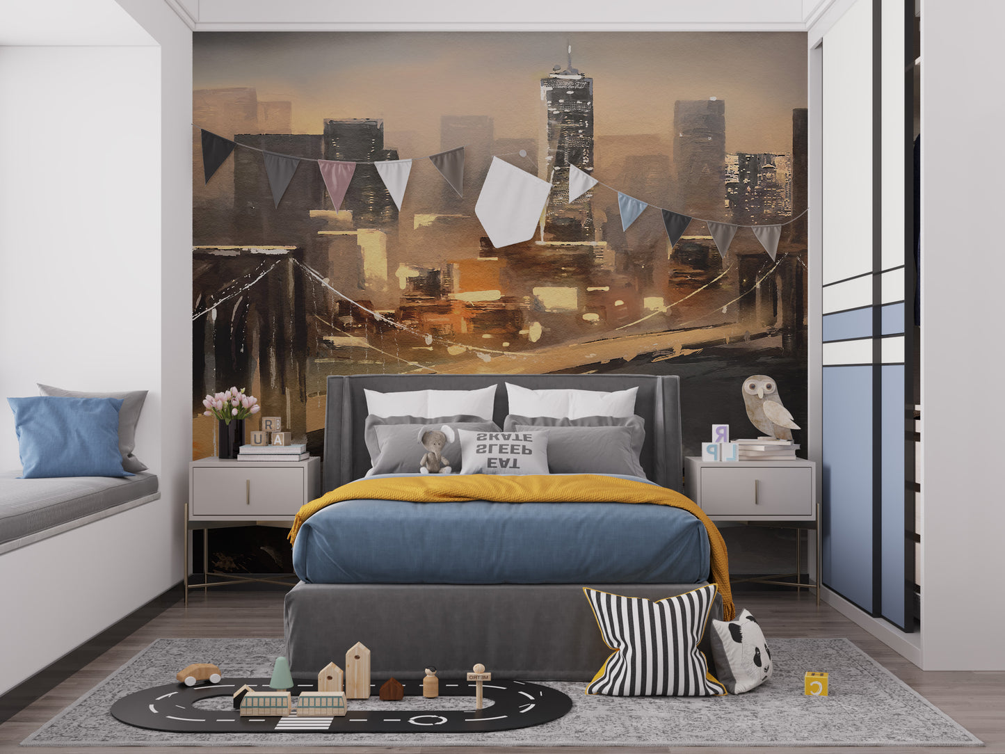 Hand-Painted New York Skyline Mural