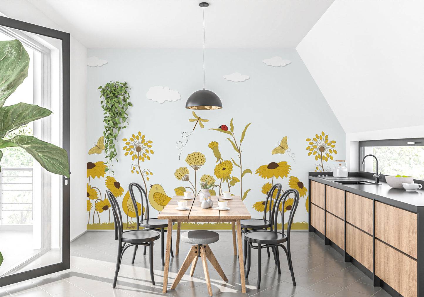 Yellow Flower with Birds Wallpaper Mural