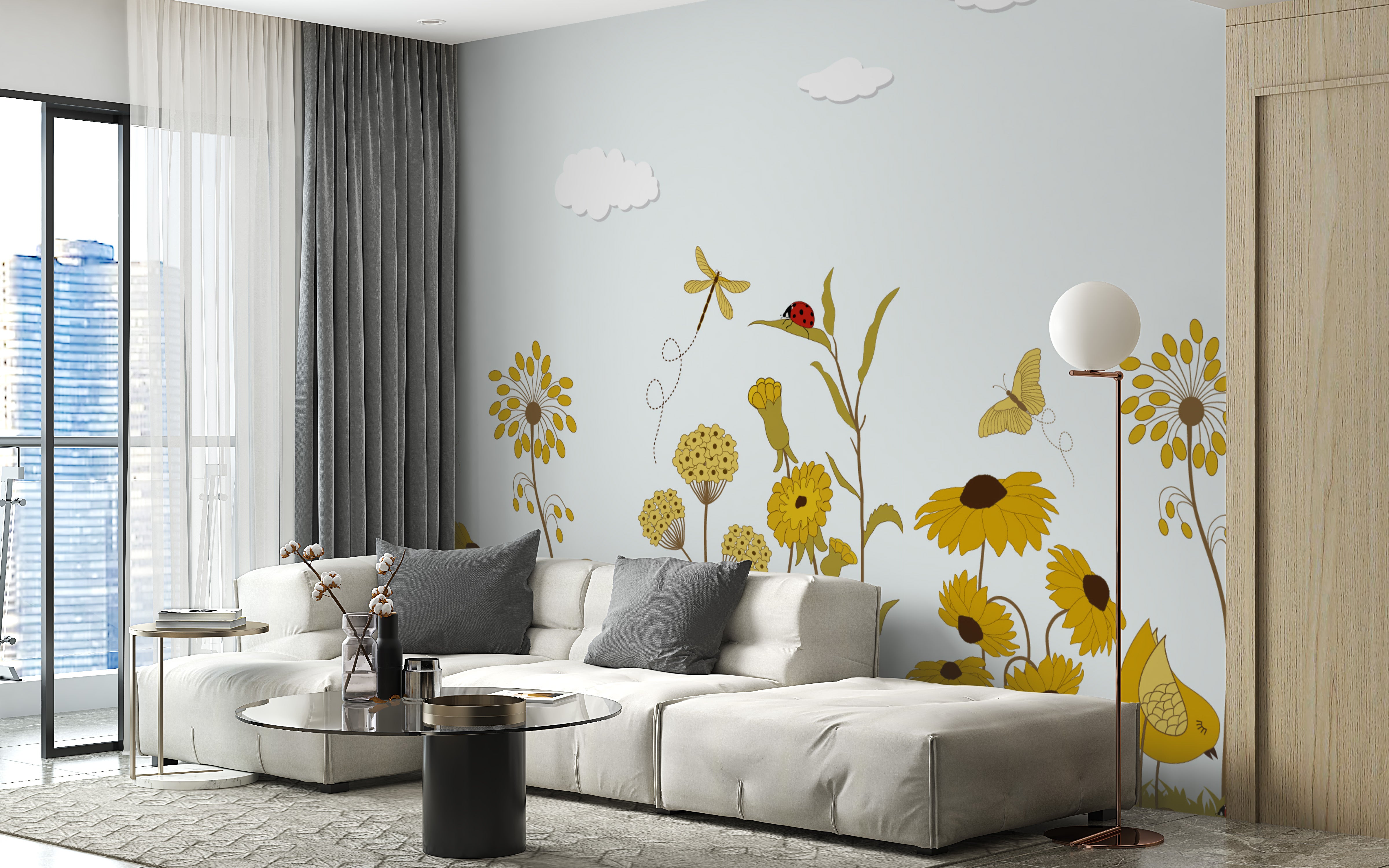 Yellow blooms and birds wallpaper