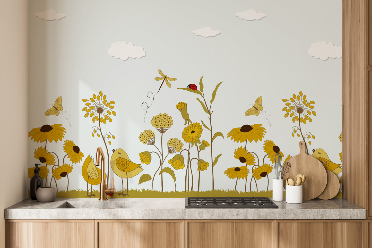 Yellow Flower with Birds Wallpaper Mural