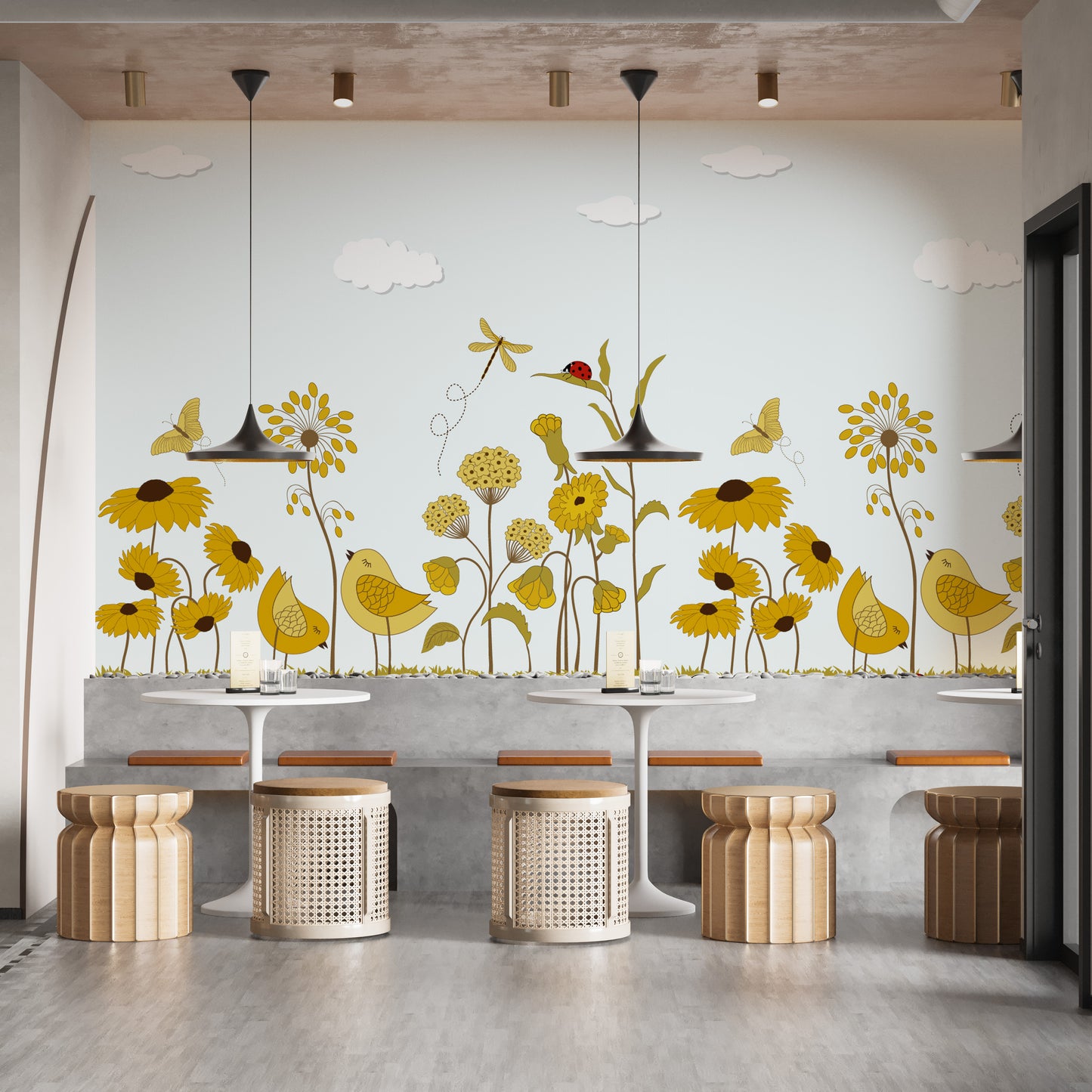 Yellow Flower with Birds Wallpaper Mural