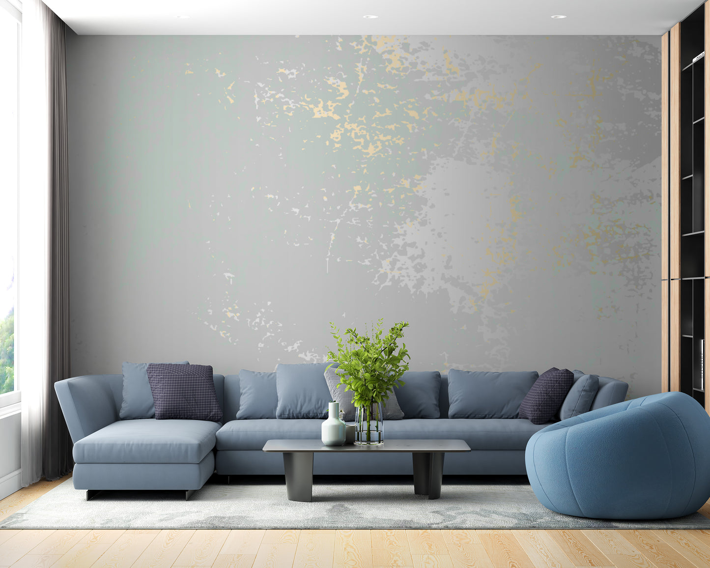 Luxurious abstract mural with pastel gray and gold sheen.