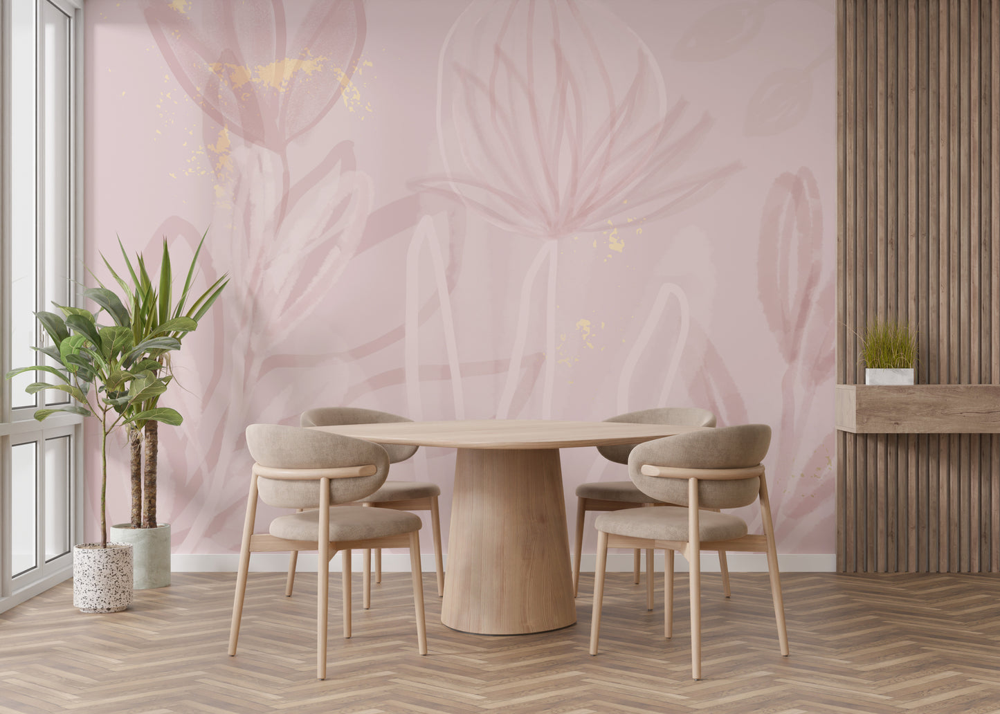 Delicate flower wallpaper mural in blush pink tones.