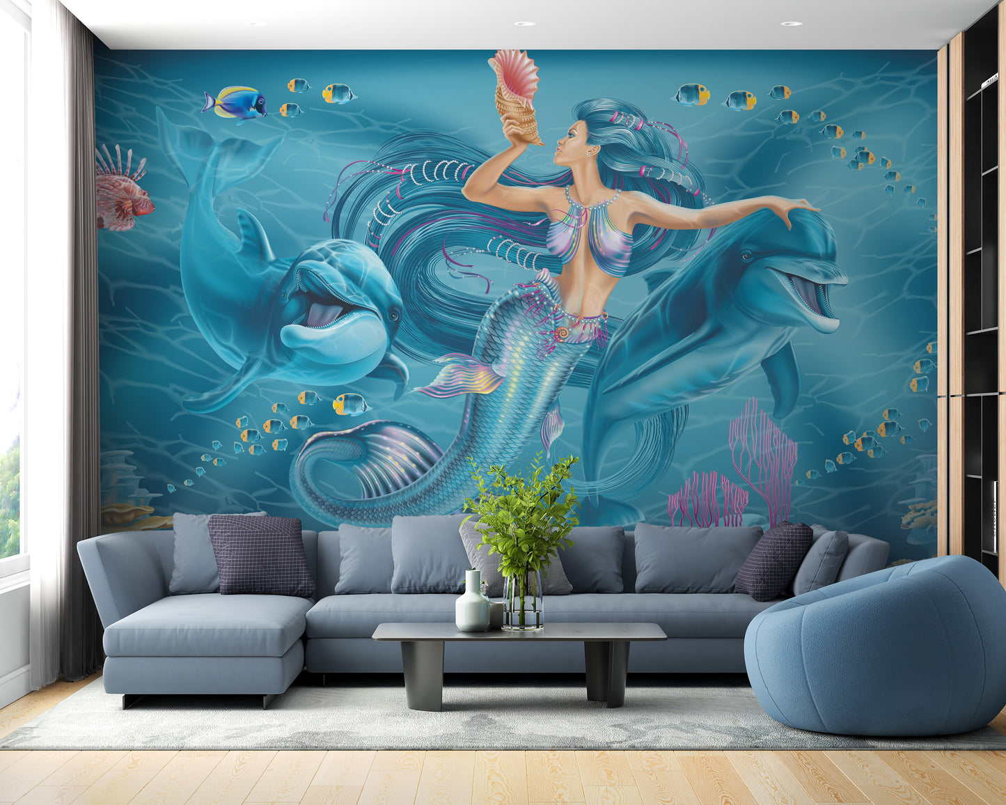 Underwater world mermaid wallpaper for kids' rooms.