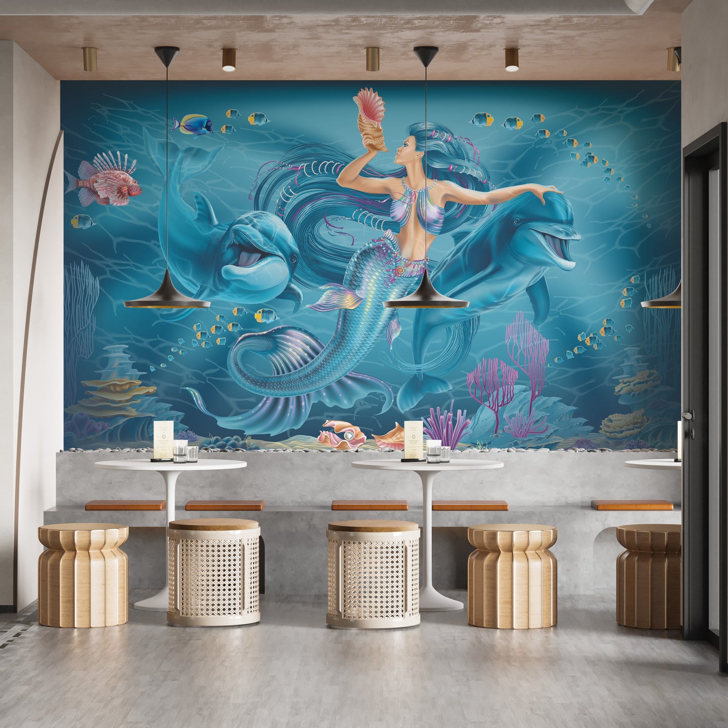 Underwater mermaid wallpaper with sea creatures.