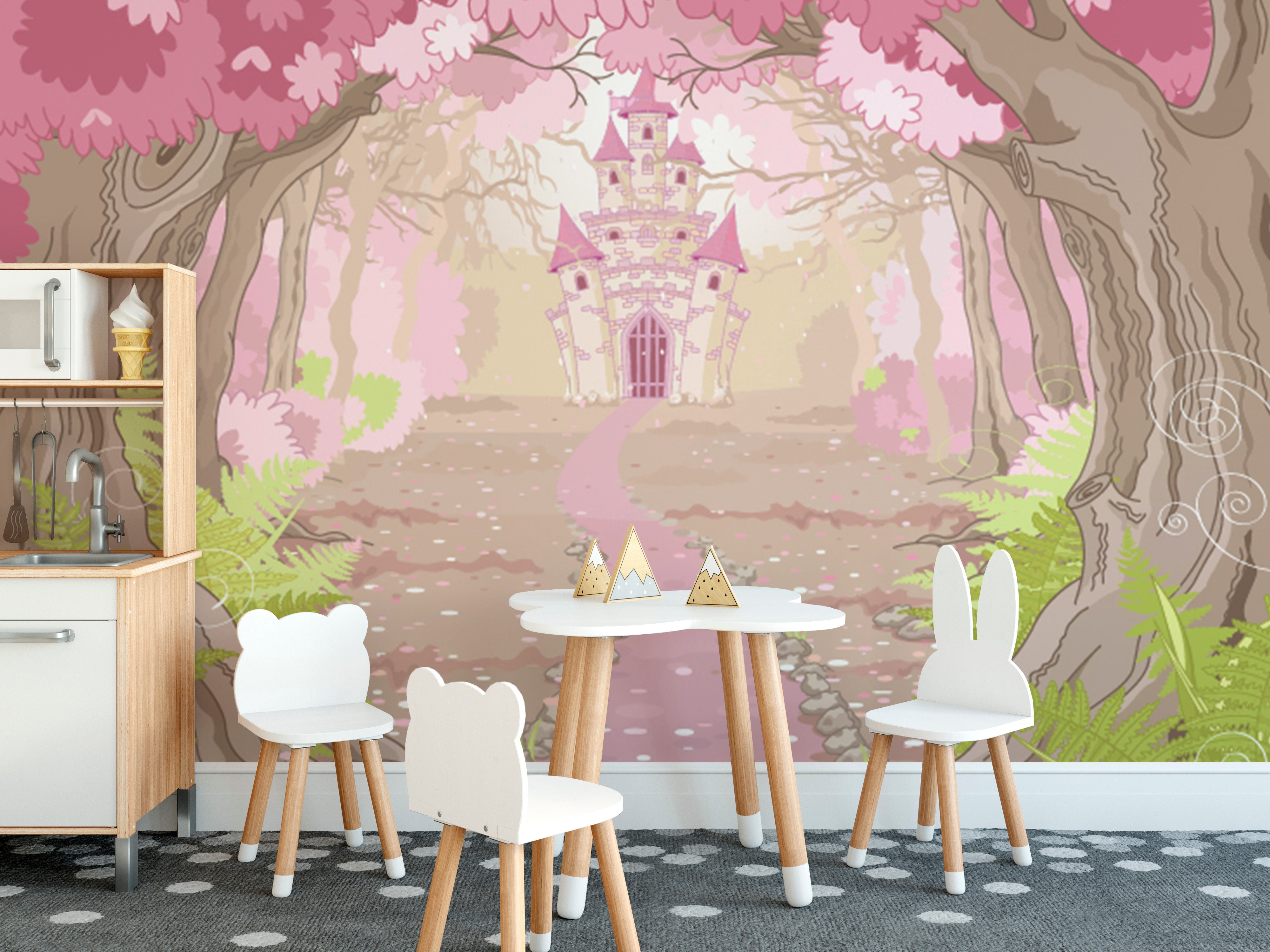 Magical castle wallpaper mural surrounded by pink woods.