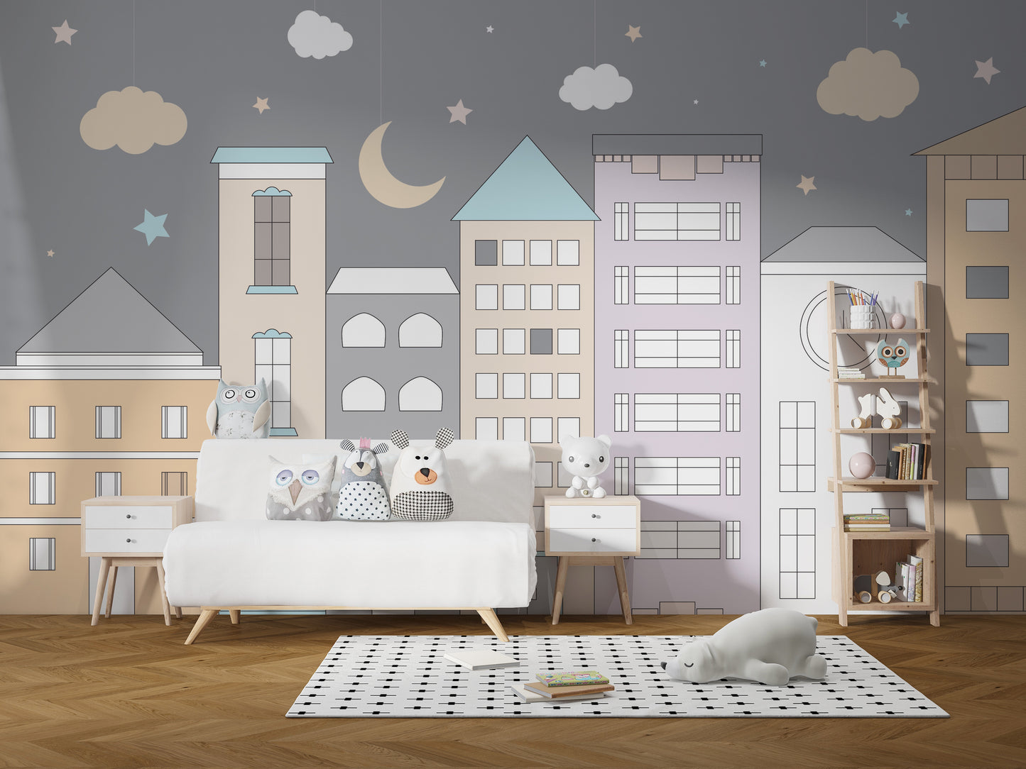 Playful pastel town wallpaper with stars and clouds.