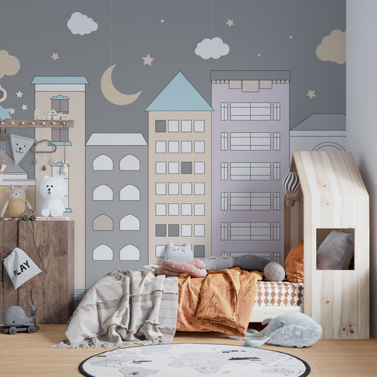 Whimsical town wallpaper for kids' room decor.