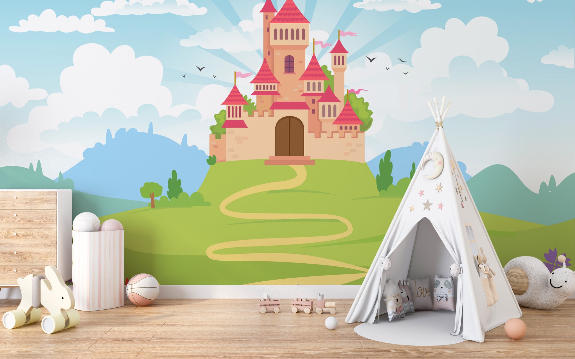 Fairytale castle wallpaper with colorful meadow blooms.