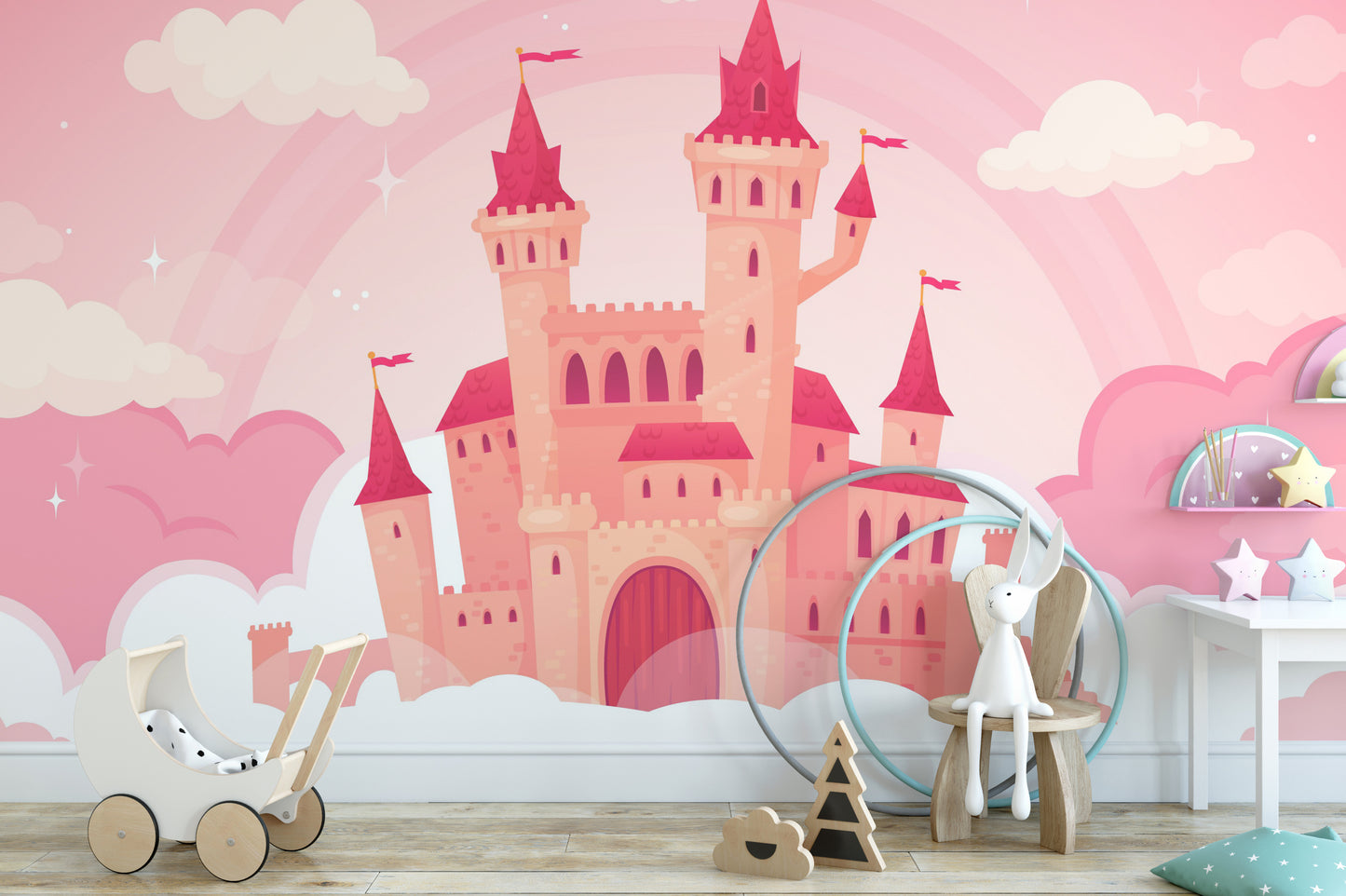 Cute Cartoon Castle in Pink Clouds Wallpaper