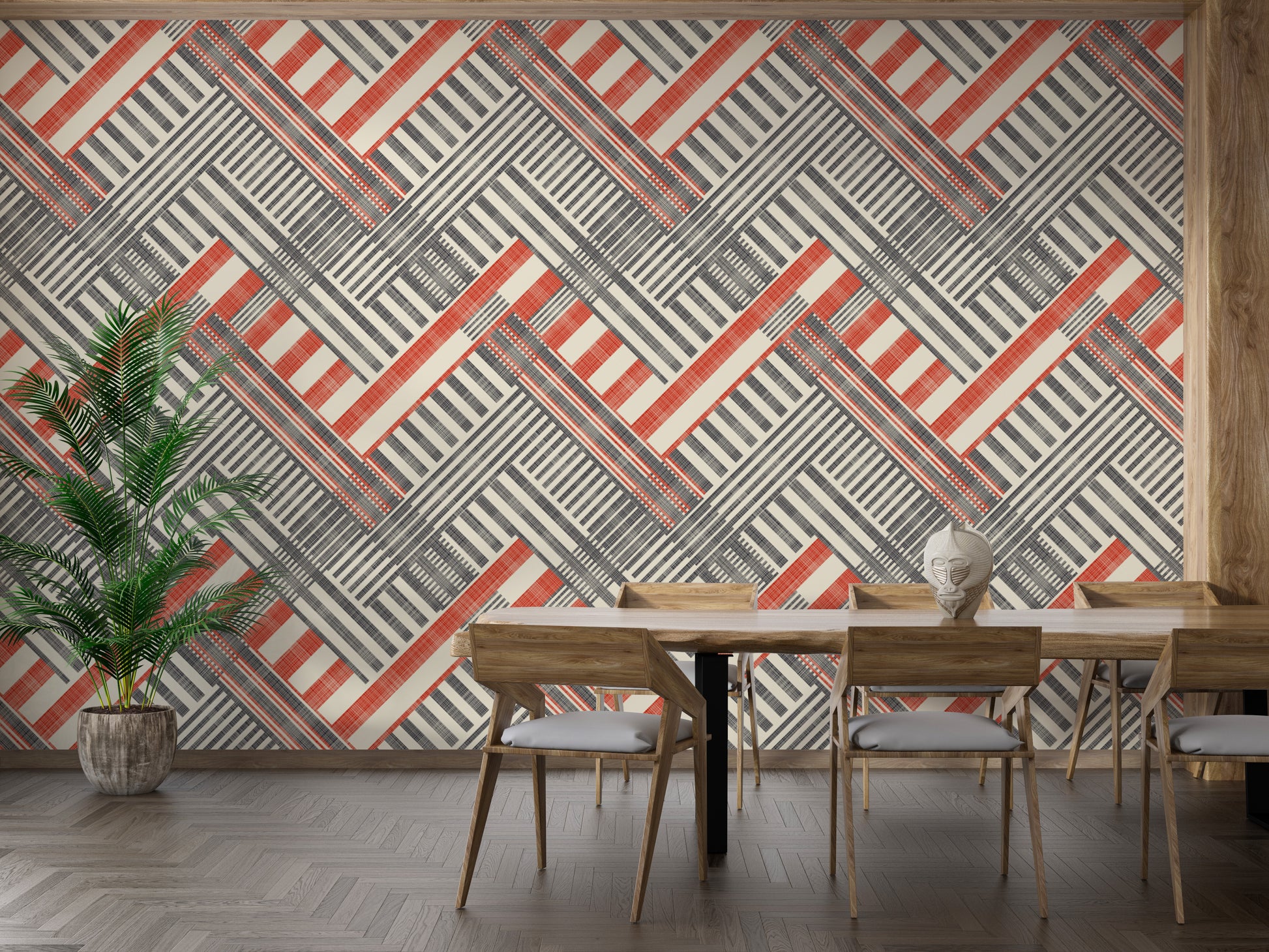 Bold retro wallpaper with geometric and striped design.