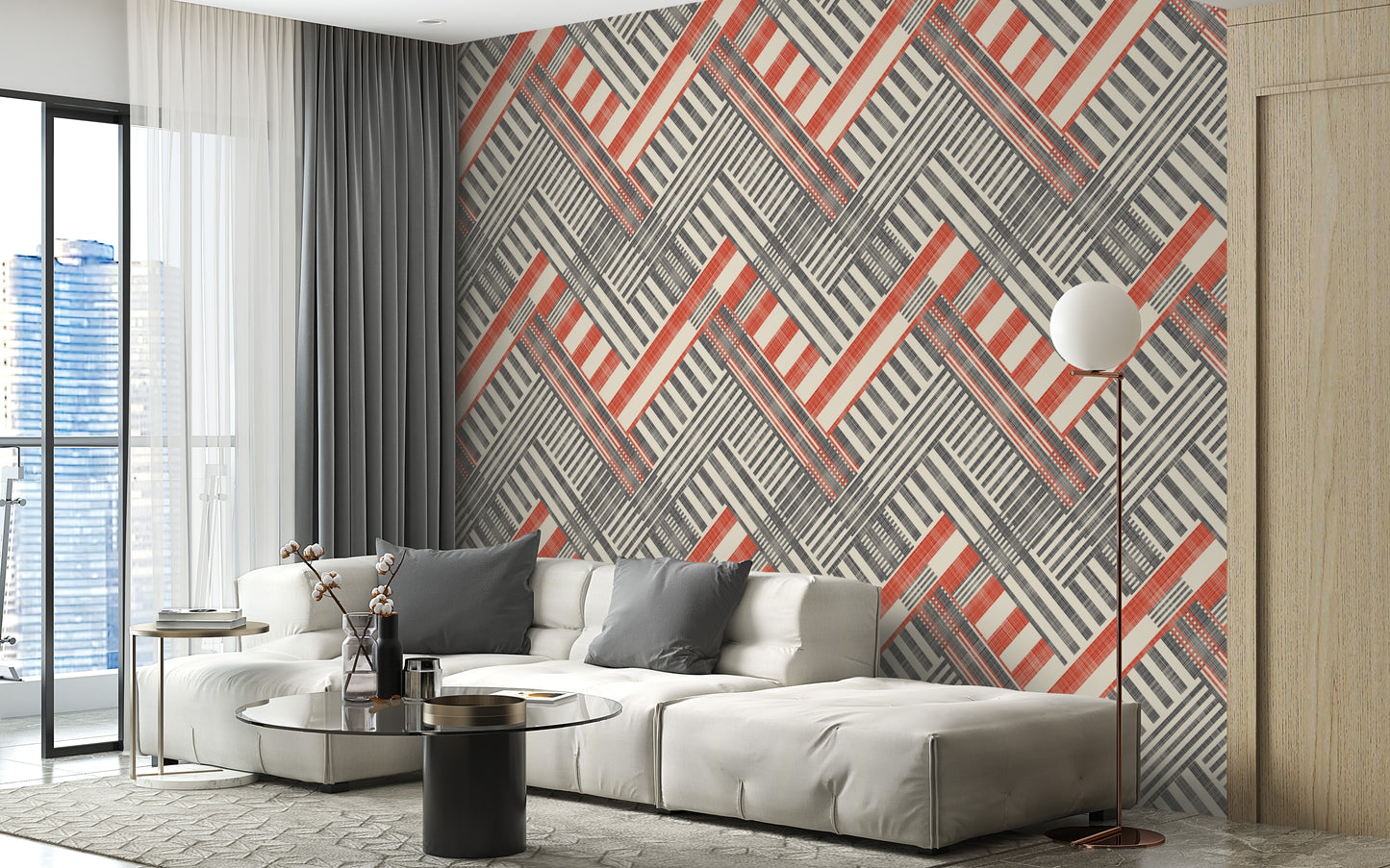 Classic striped wallpaper featuring retro geometric shapes.