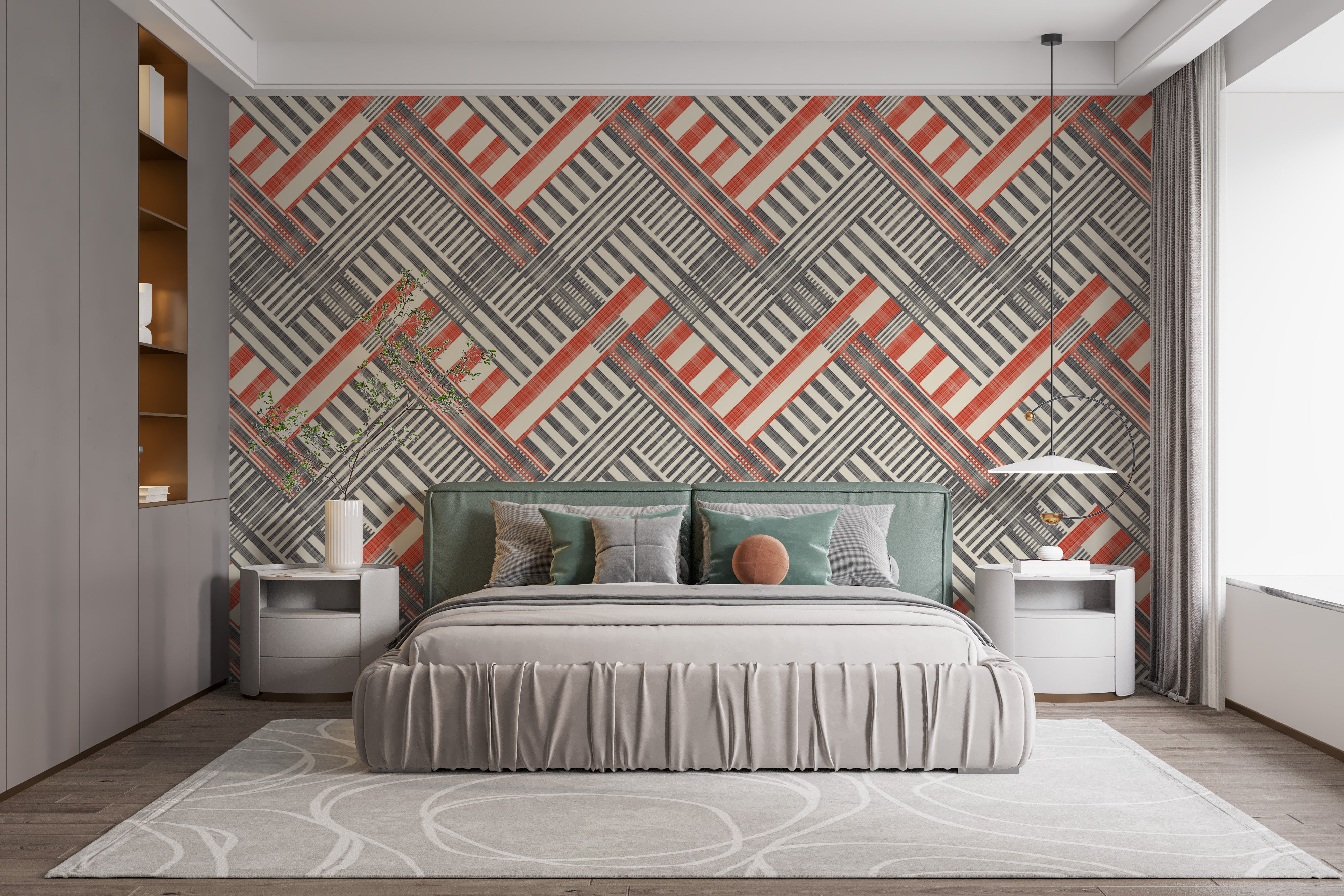 Geometric striped wallpaper in retro colors for living rooms.