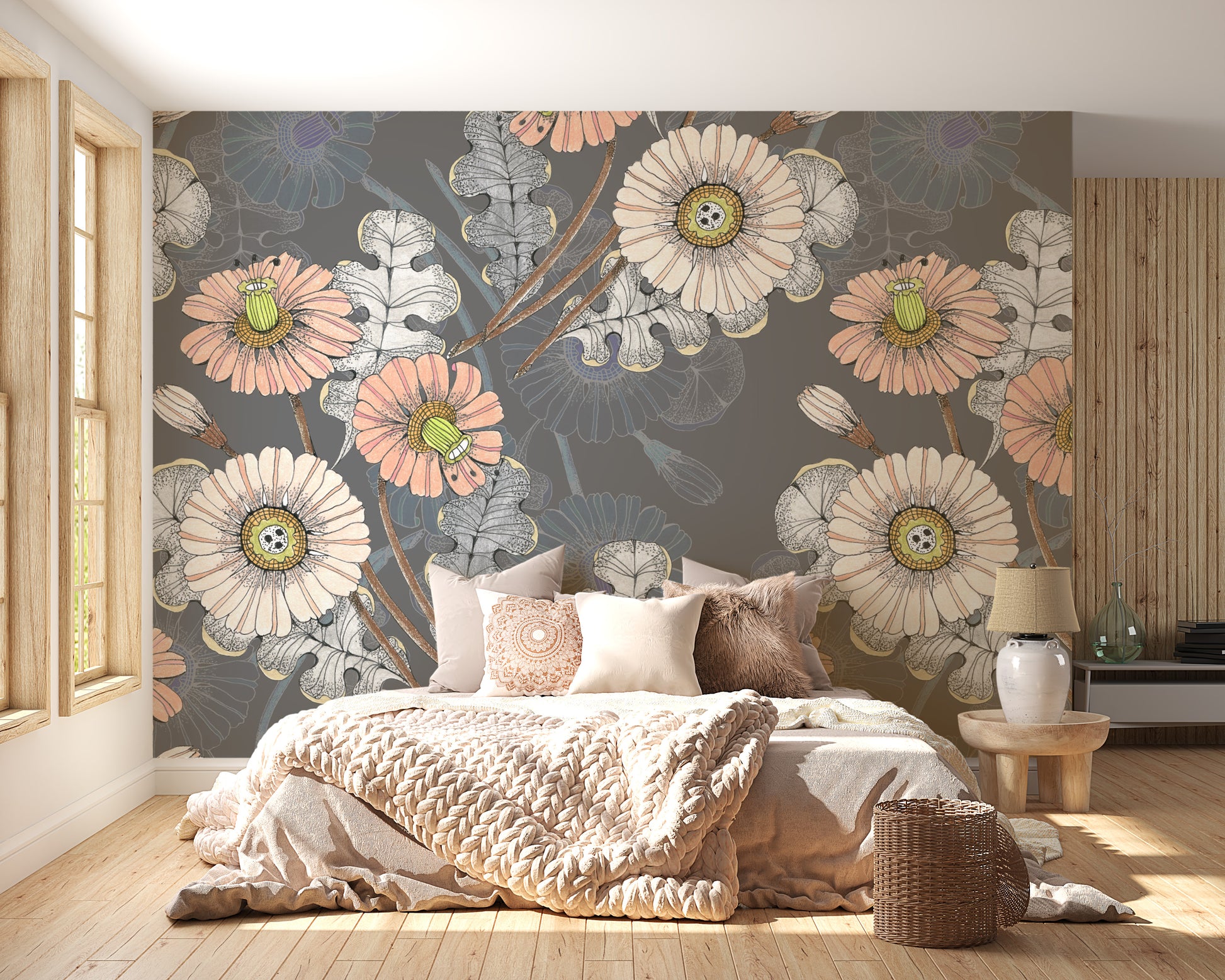 Modern artistic flower wallpaper with sketch patterns