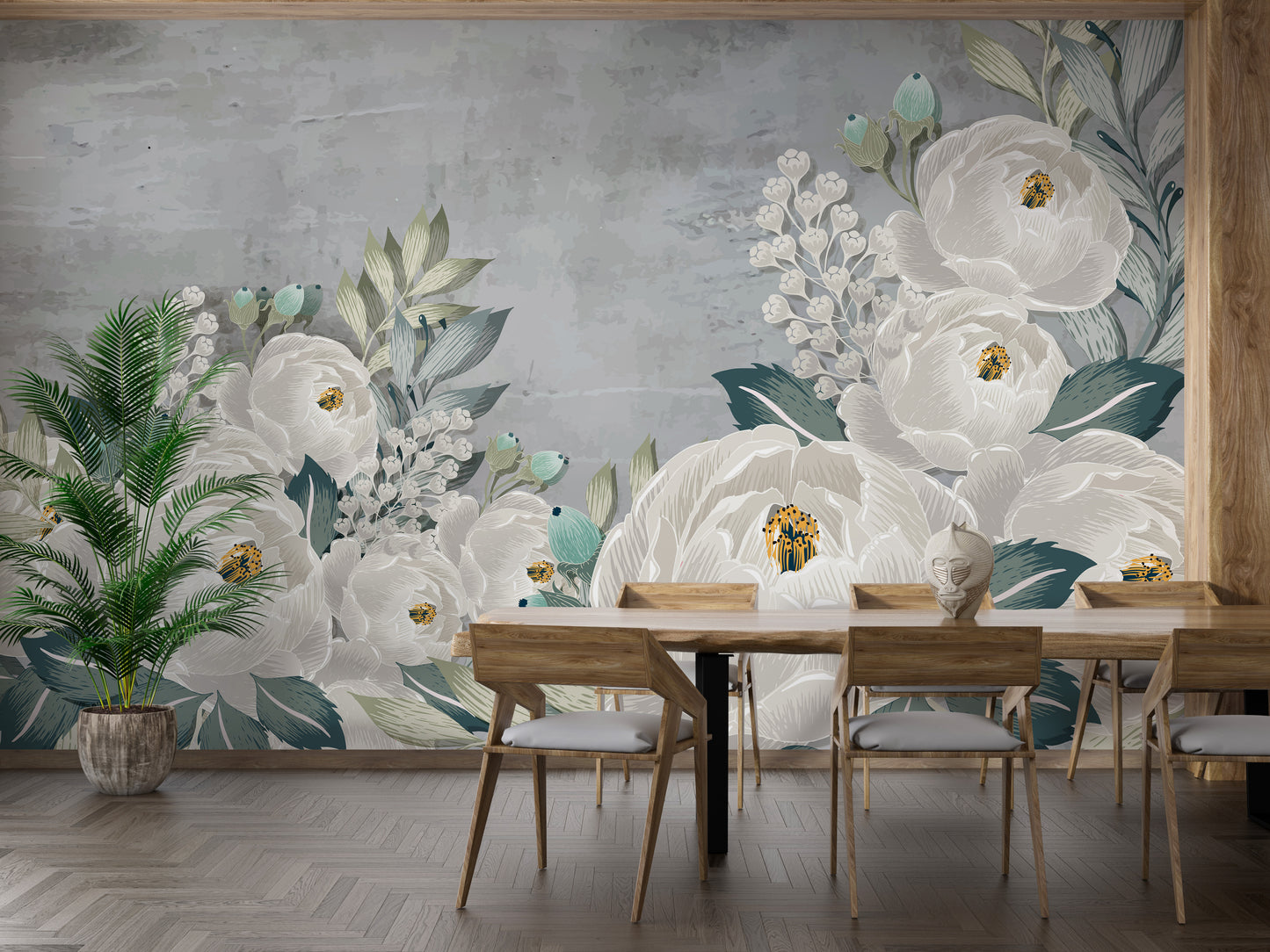 Drawn gray peonies on gray grunge wallpaper