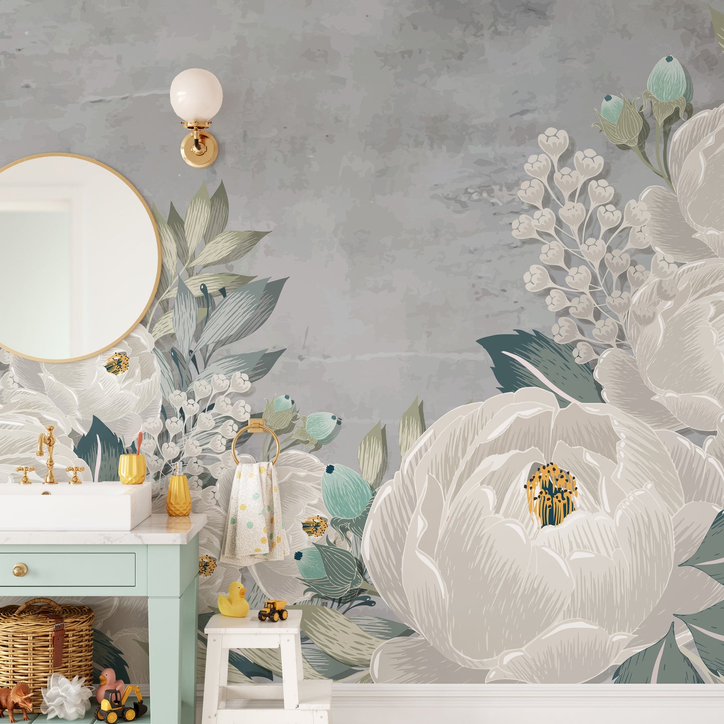 Drawn gray peonies on gray grunge wallpaper