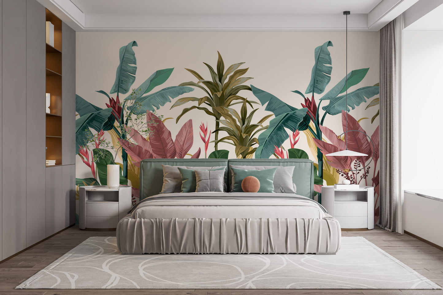 Banana leaves wallpaper with tropical design elements.