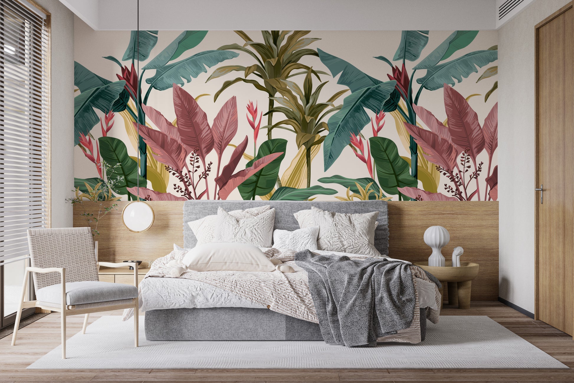 Fresh banana leaves wallpaper for creative interiors.