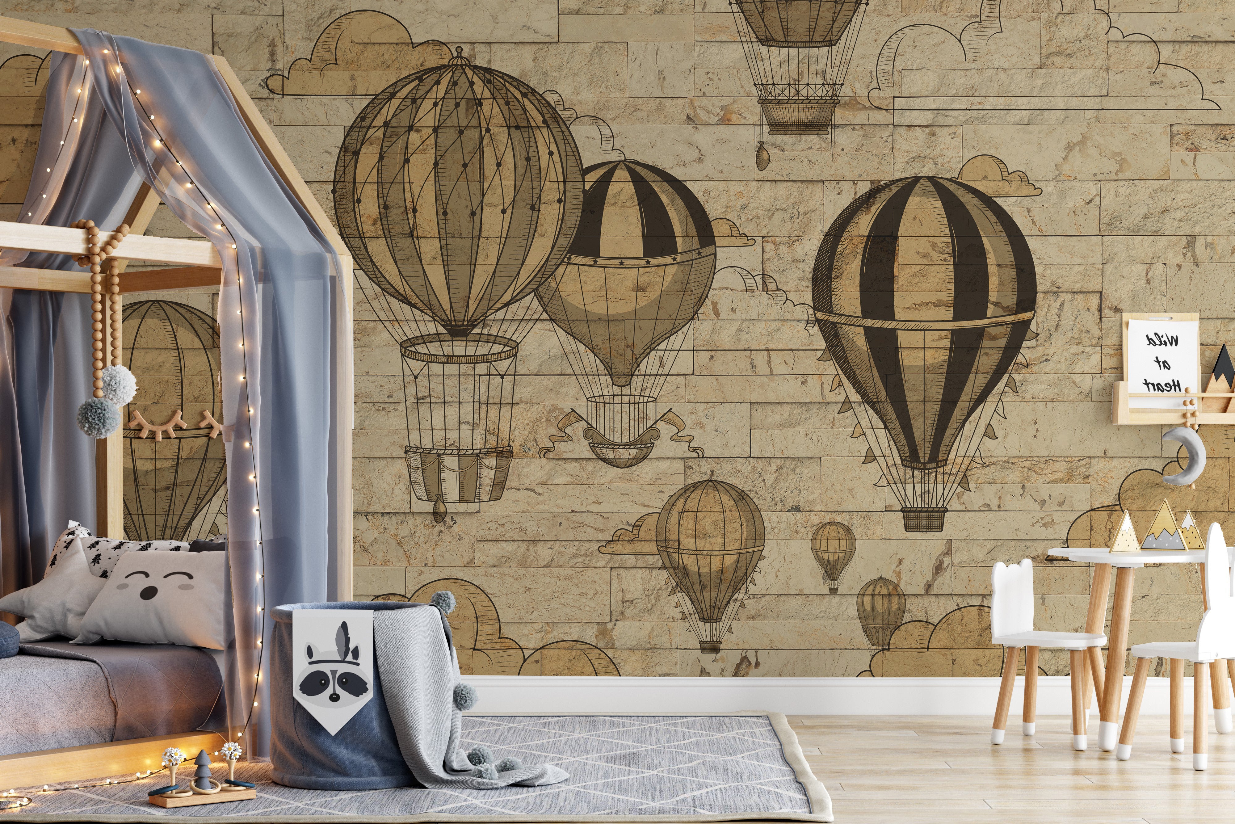 Rustic 3D wallpaper featuring hot air balloons and clouds.