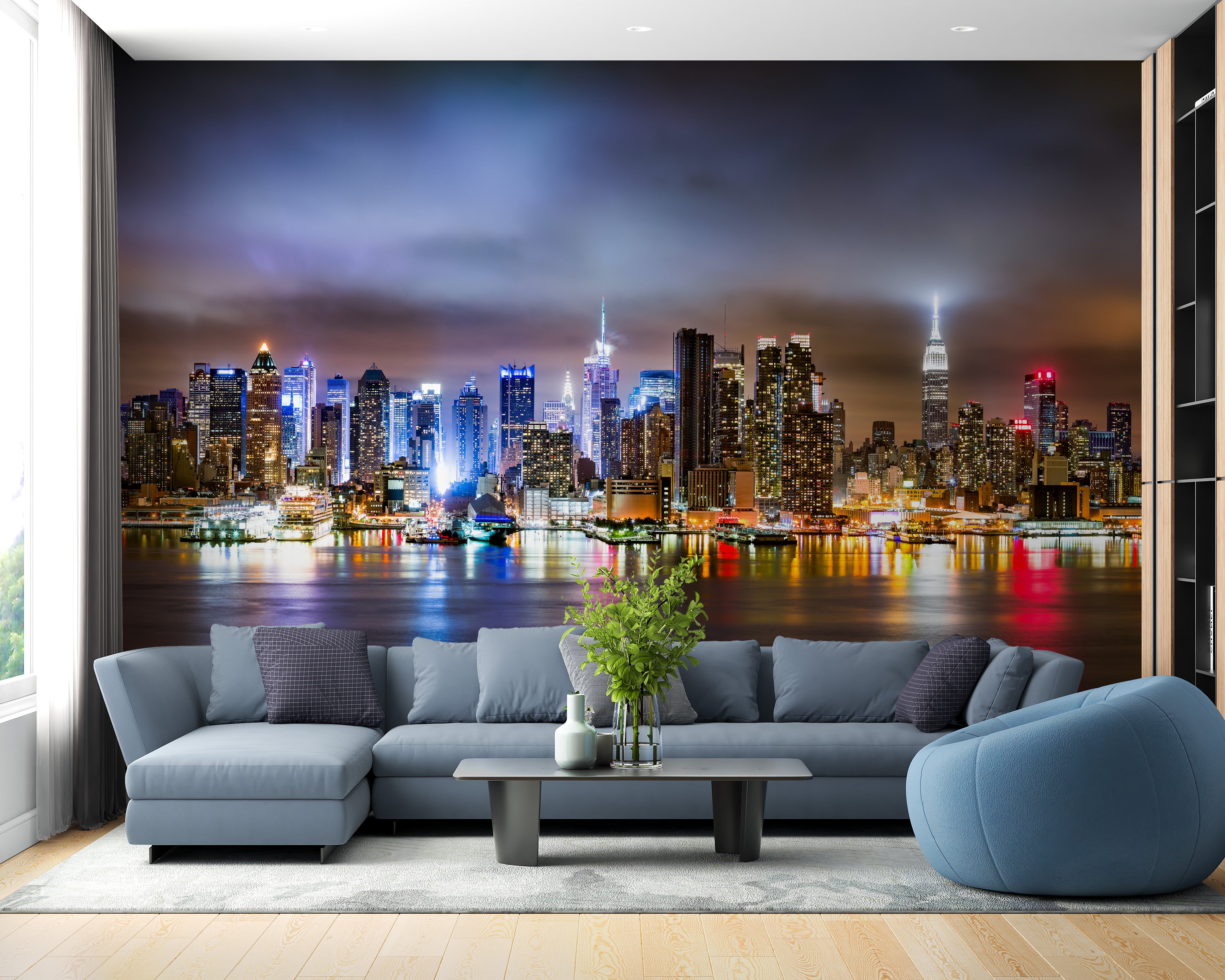 New York City skyline night wallpaper for living rooms