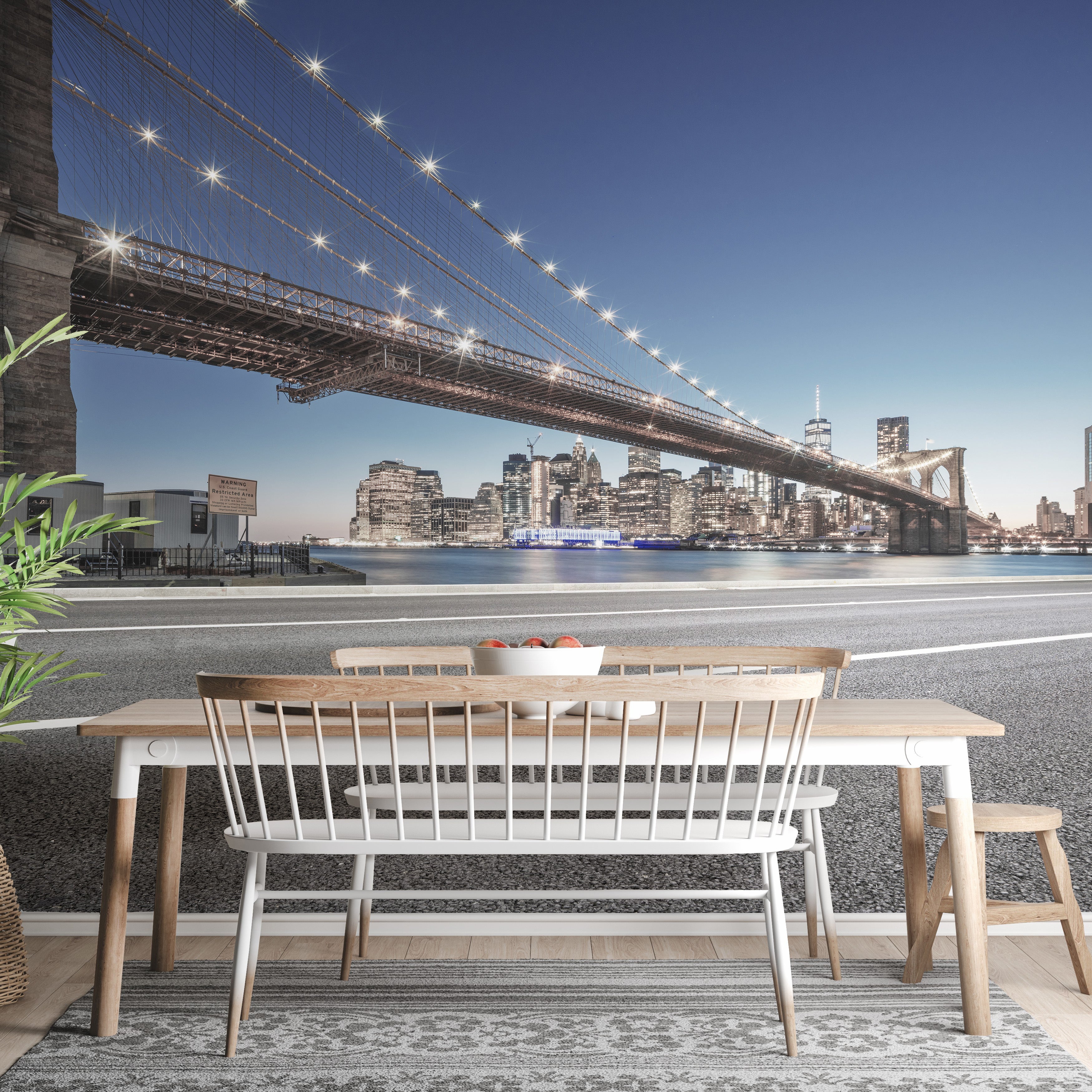 Manhattan bridge wallpaper with illuminated city skyline.