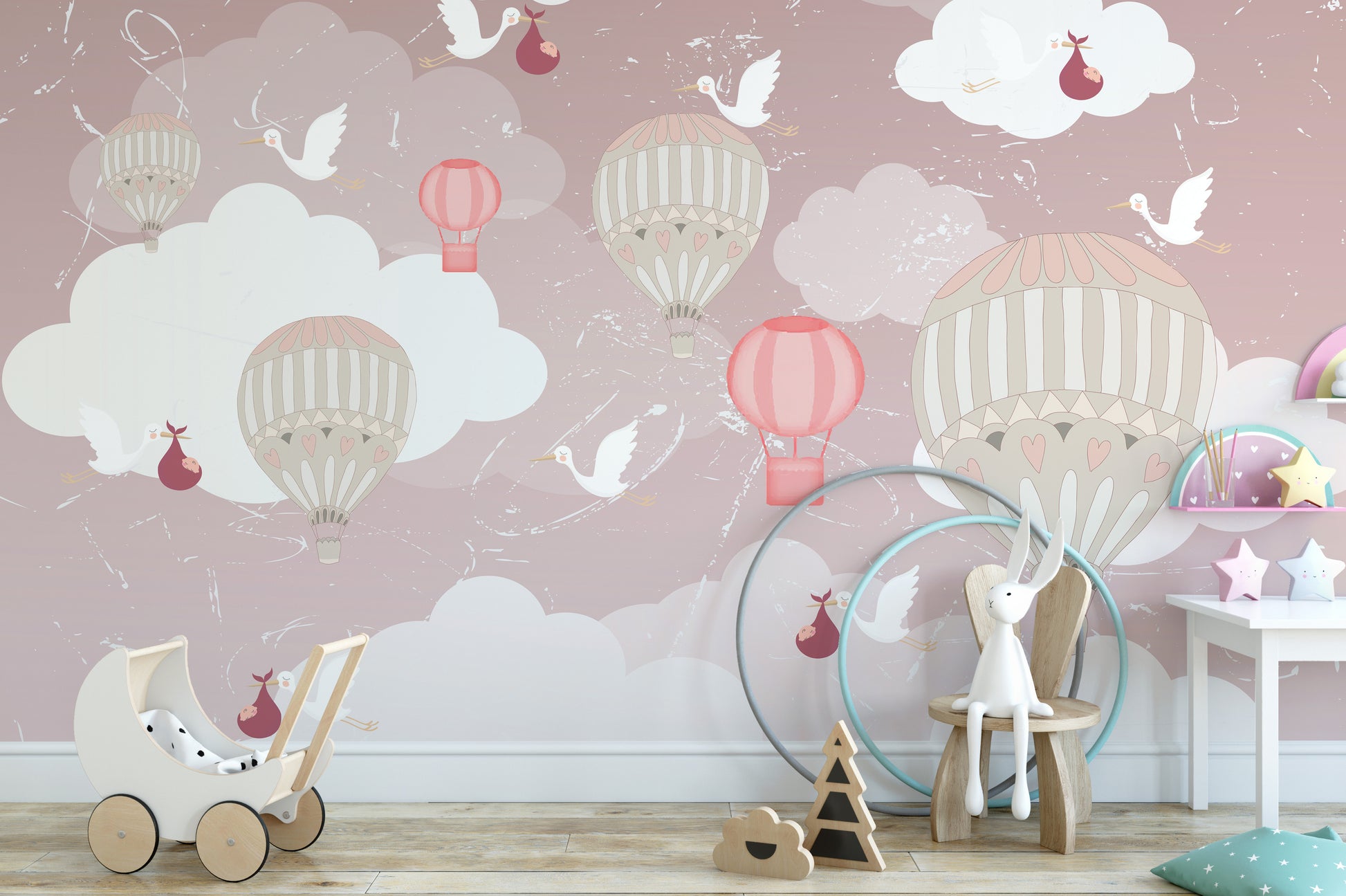 Stunning kids' room wallpaper featuring hot air balloons.