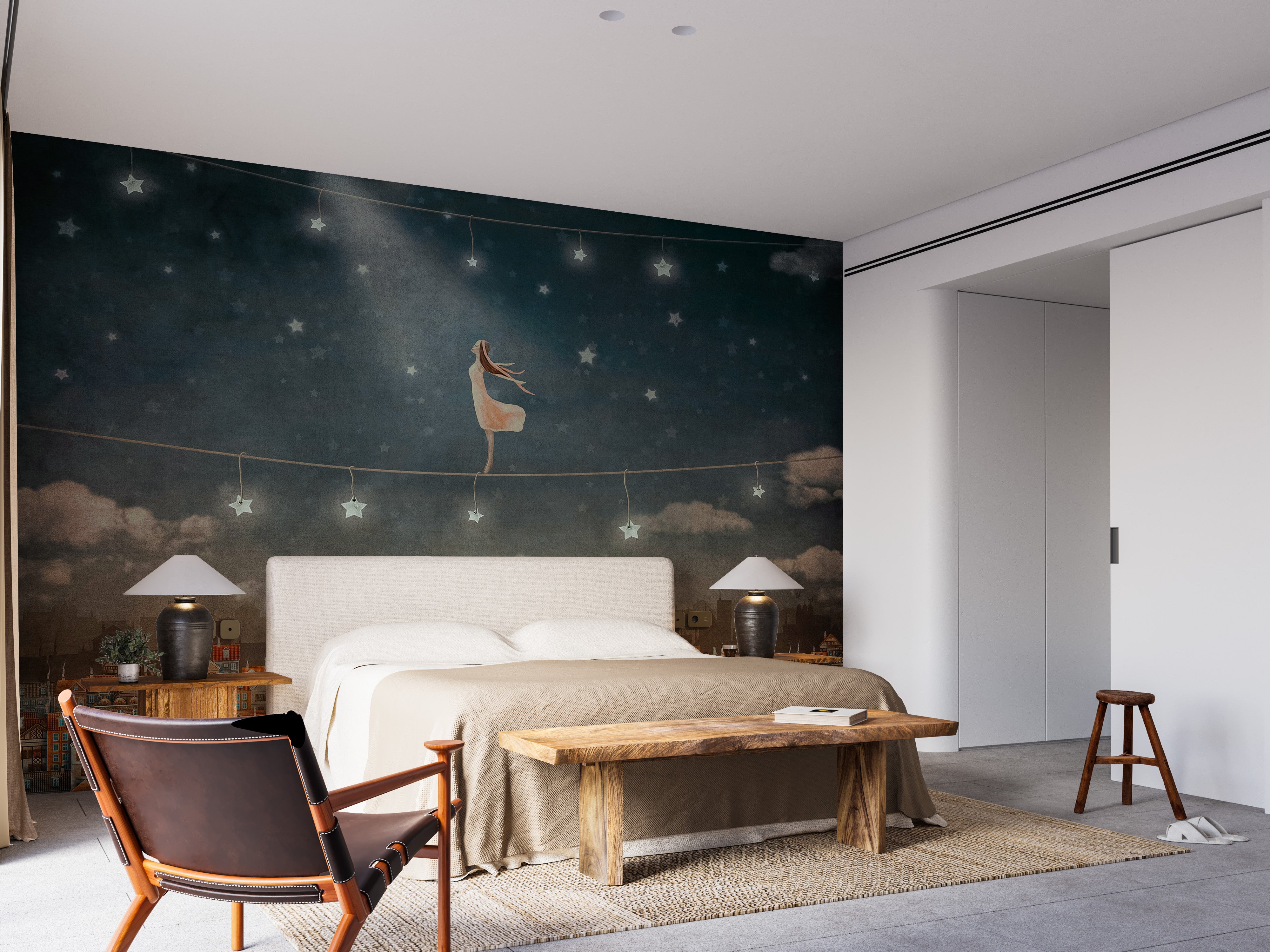 Night sky wallpaper mural featuring enchanting houses view.