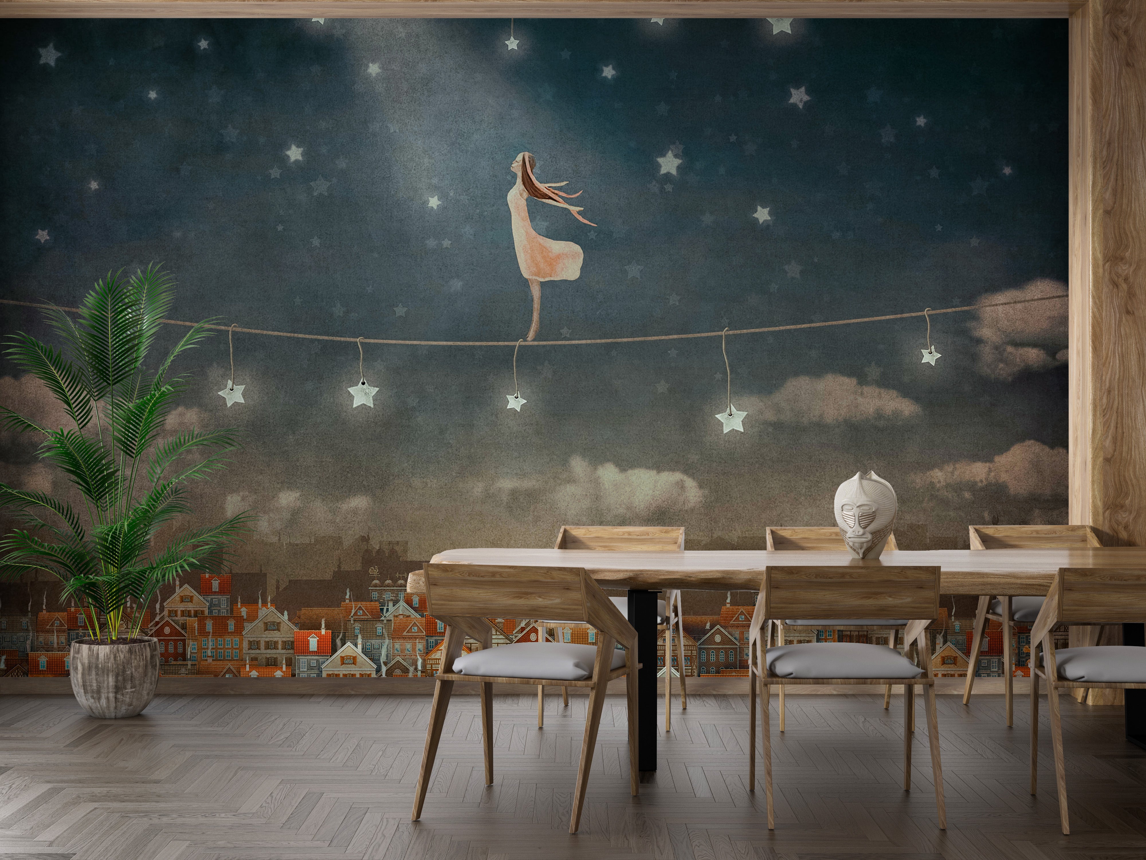 Beautiful wallpaper of cute houses illuminated by stars.