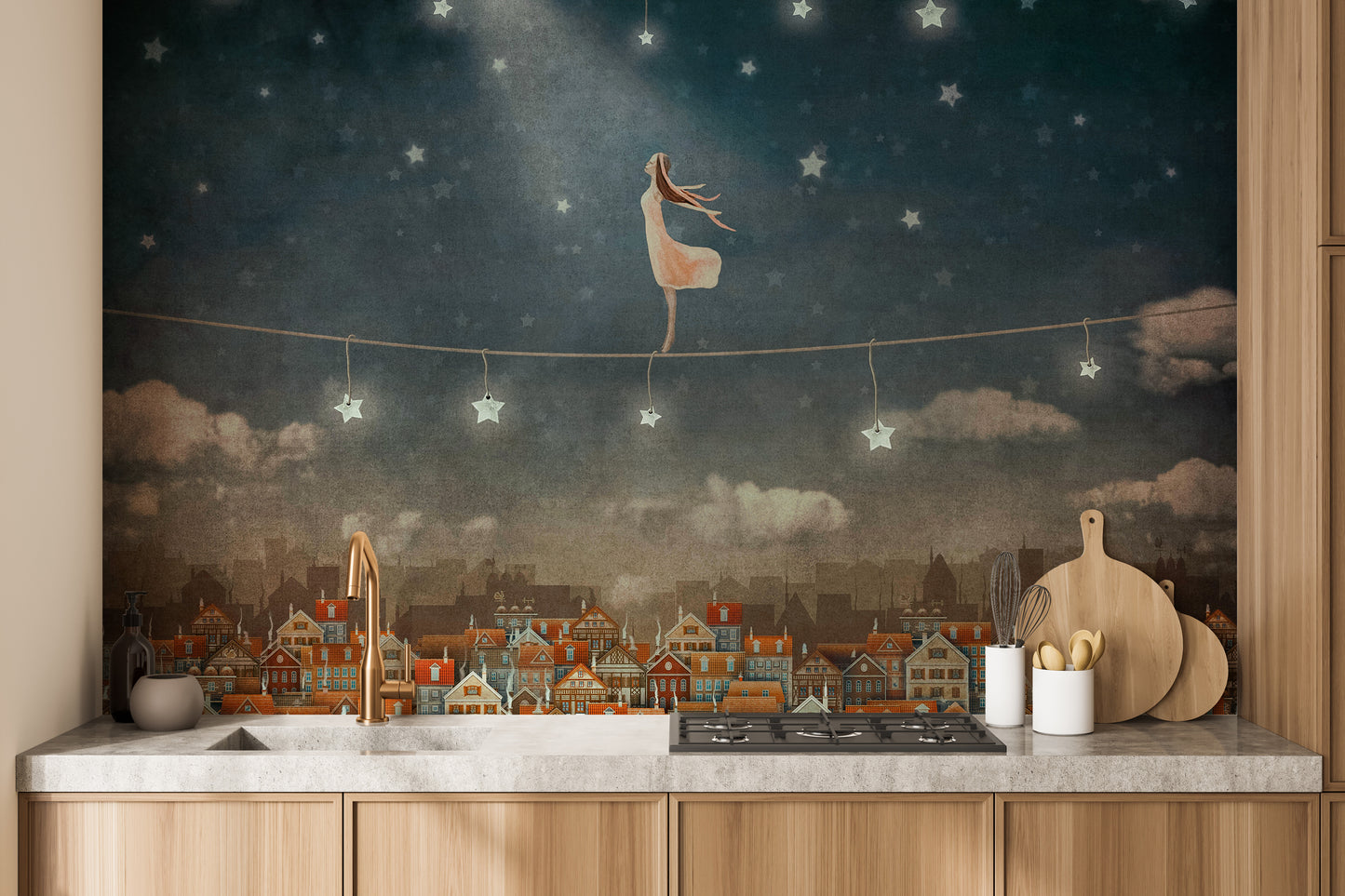 Artistic wallpaper mural with whimsical night sky and houses