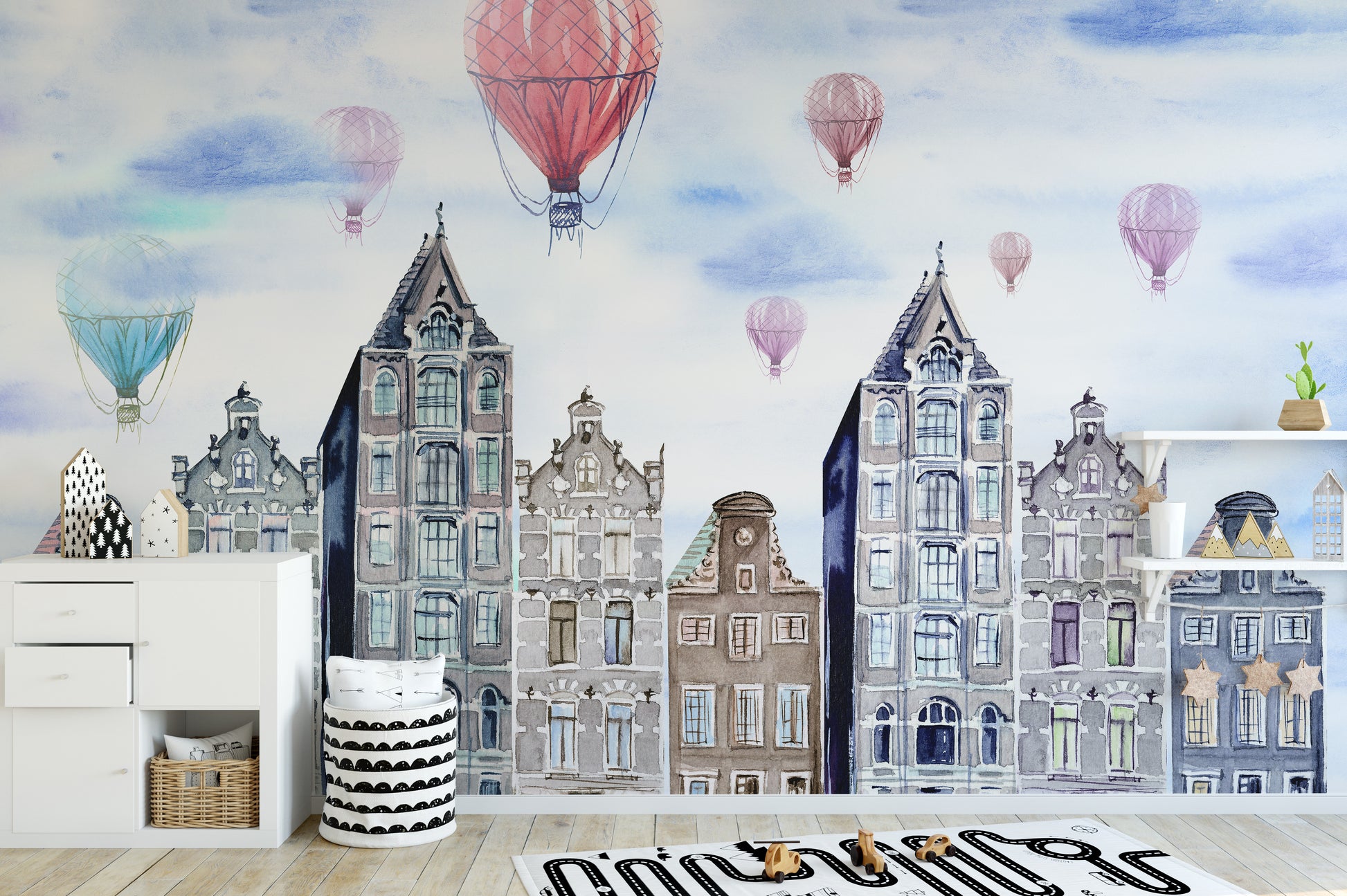 Hot air balloons over Amsterdam skyline wallpaper mural