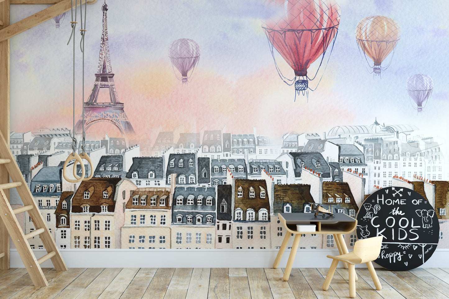 Watercolor Paris with hot air balloon Wallpaper Murals