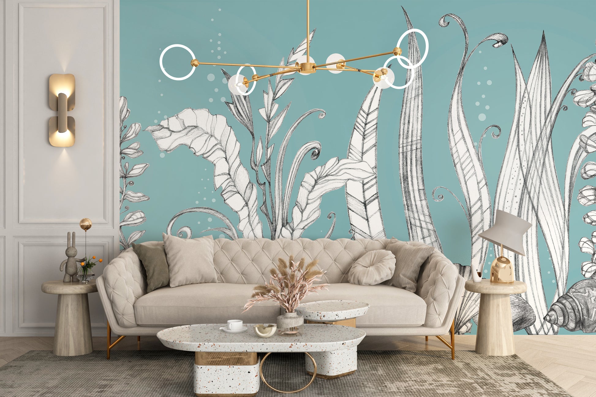 Sea-inspired hand-drawn wallpaper with floral details