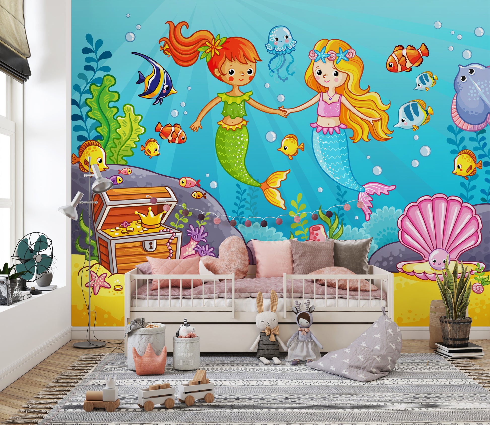 Colorful Mermaid Duo Wallpaper with Sea Creatures