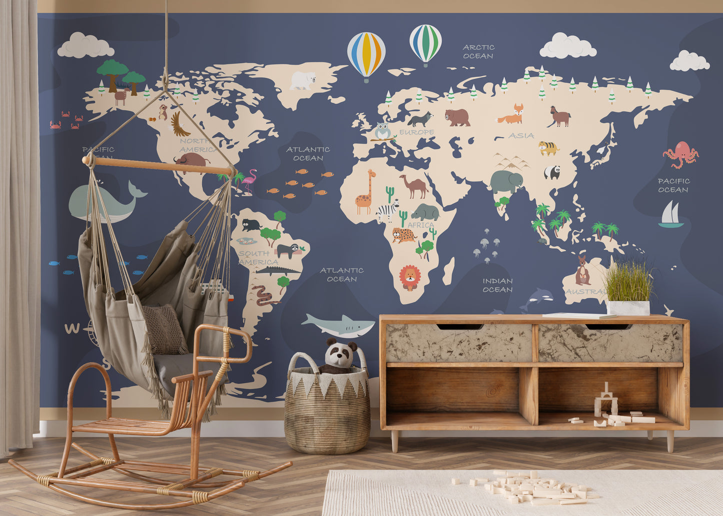 Kids World Map with Cartoon Wallpaper Mural