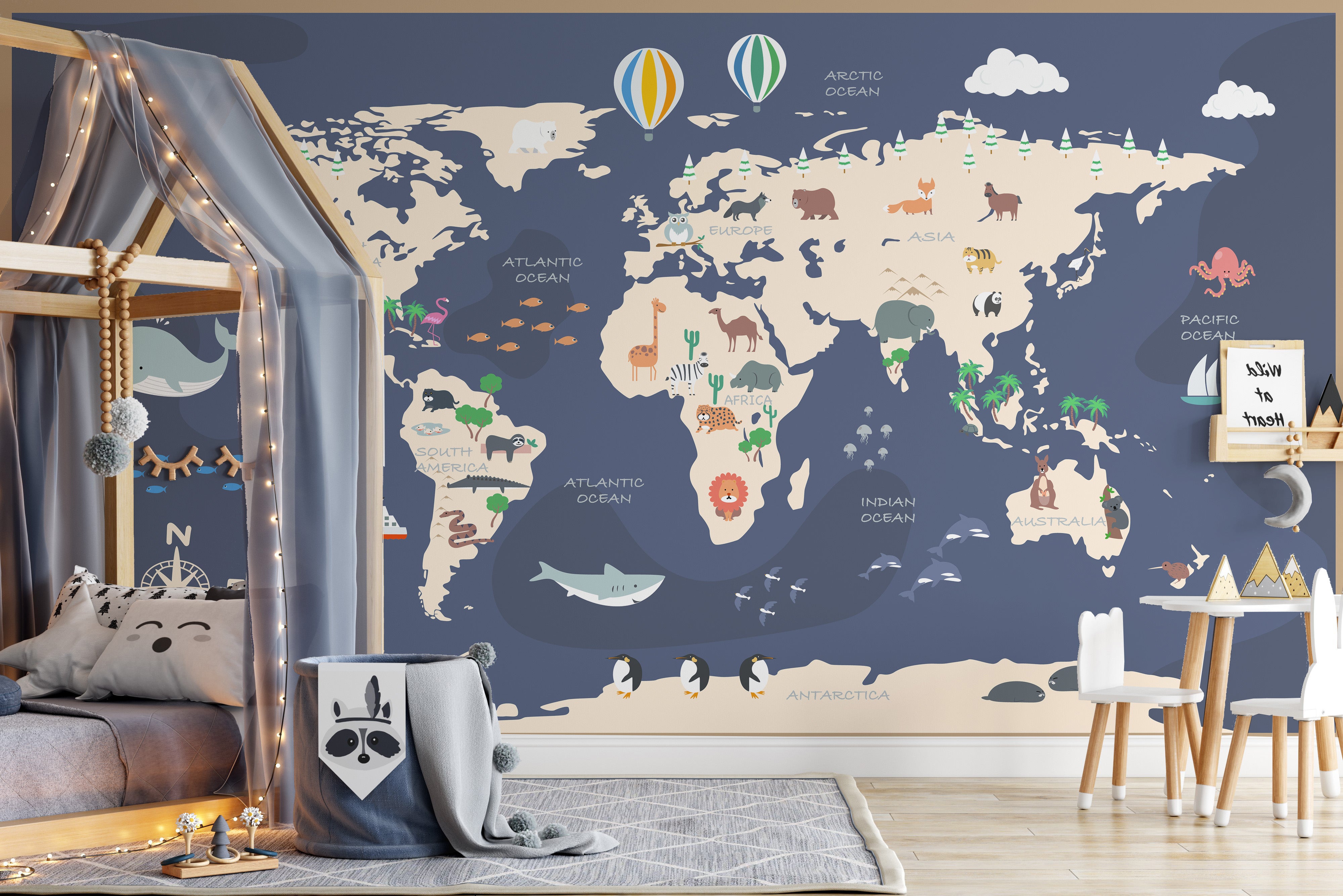 Pink Map of the World Wallpaper for Girls Room, Air online Balloons Map Nursery Wall Mural, Educational Print Kids Wall Decor, Peel and Stick