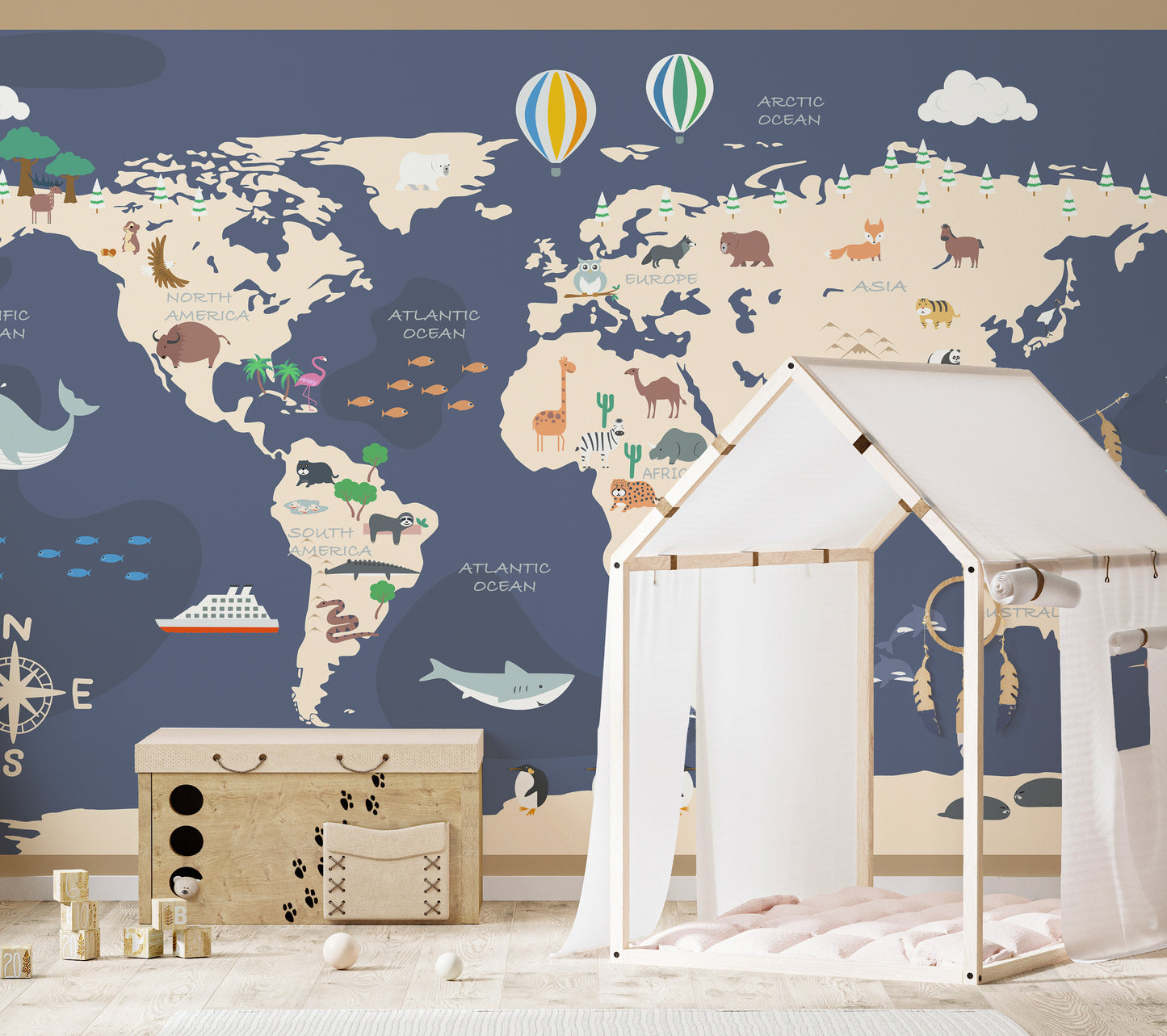 Kids World Map with Cartoon Wallpaper Mural