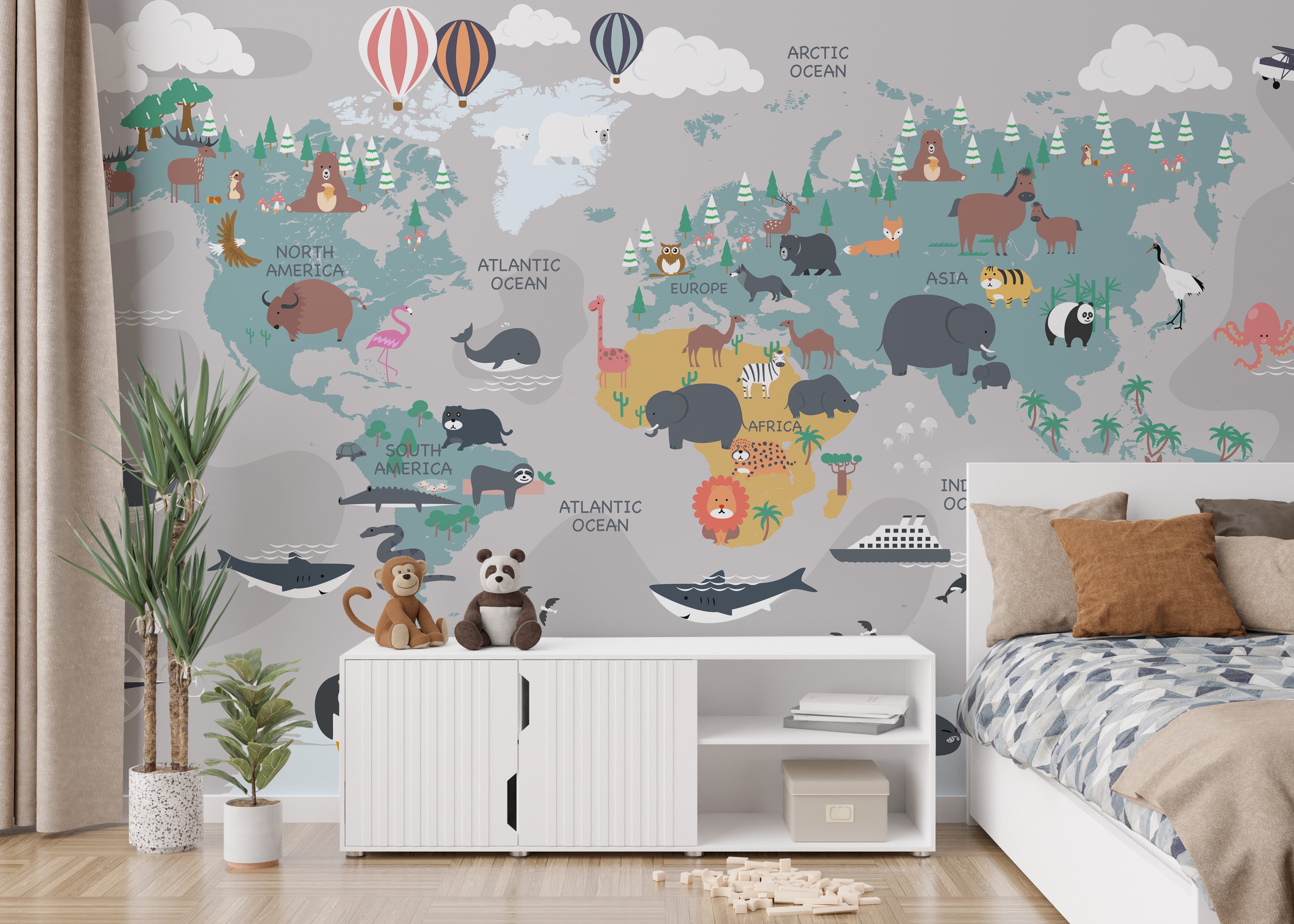 Charming animal world map mural