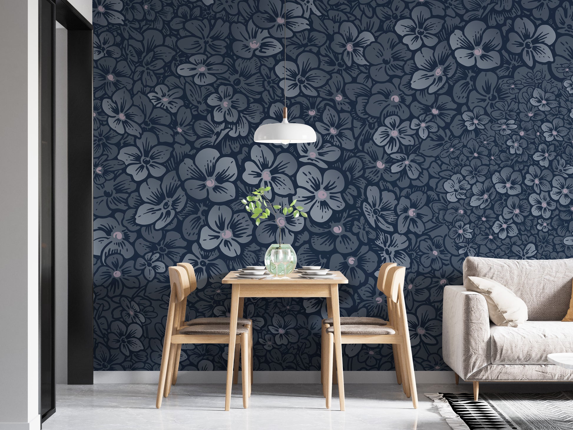 Elegant navy blue floral wallpaper mural